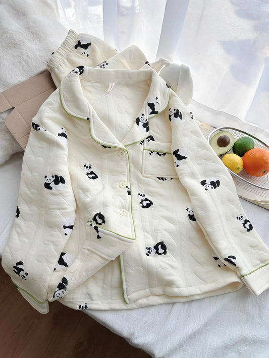 Panda Print Space Cotton Quilted Pajama Set – Long Sleeve Button Top & Pants | Autumn Winter
