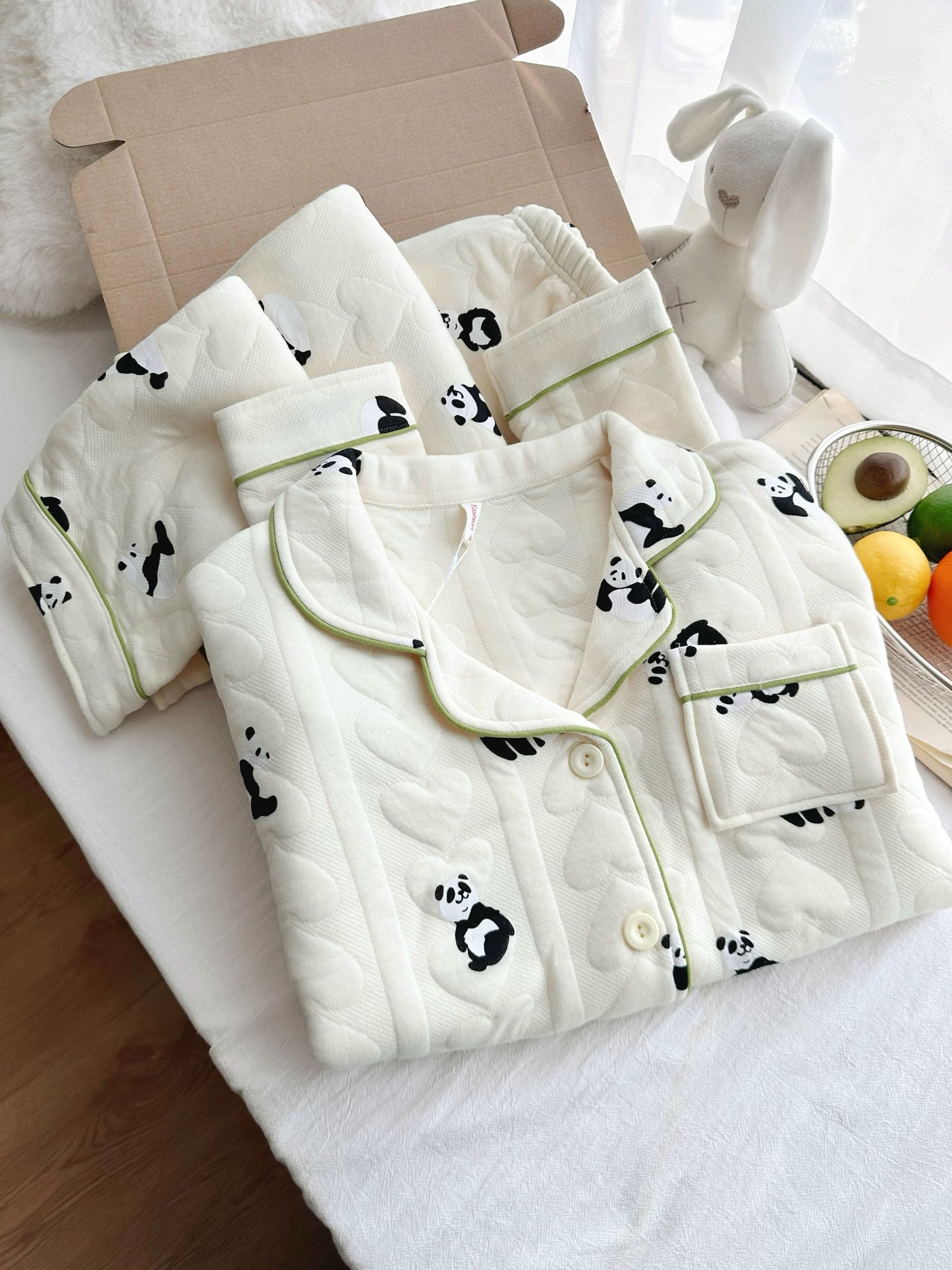 Panda Print Space Cotton Quilted Pajama Set – Long Sleeve Button Top & Pants | Autumn Winter