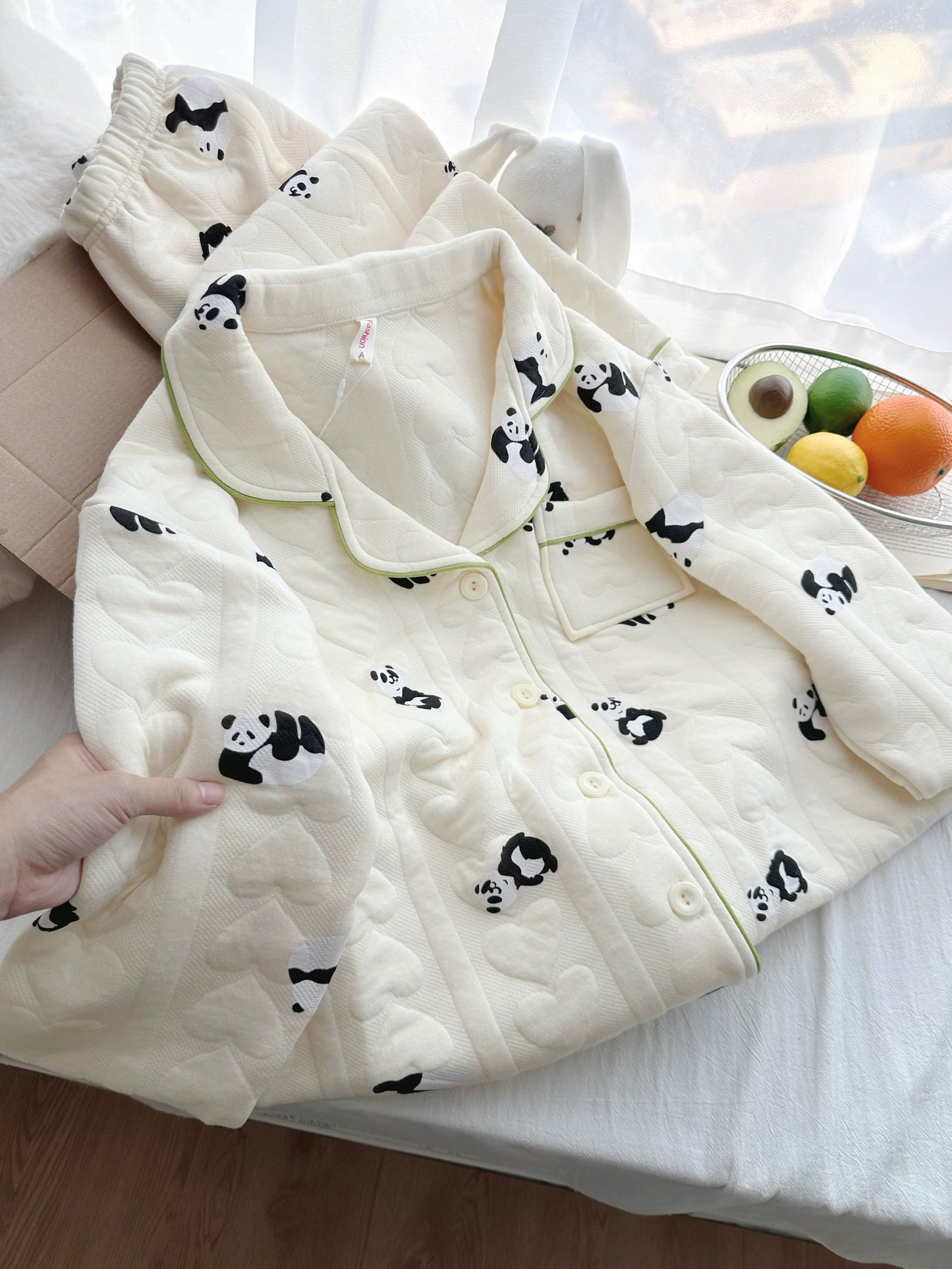 Panda Print Space Cotton Quilted Pajama Set – Long Sleeve Button Top & Pants | Autumn Winter