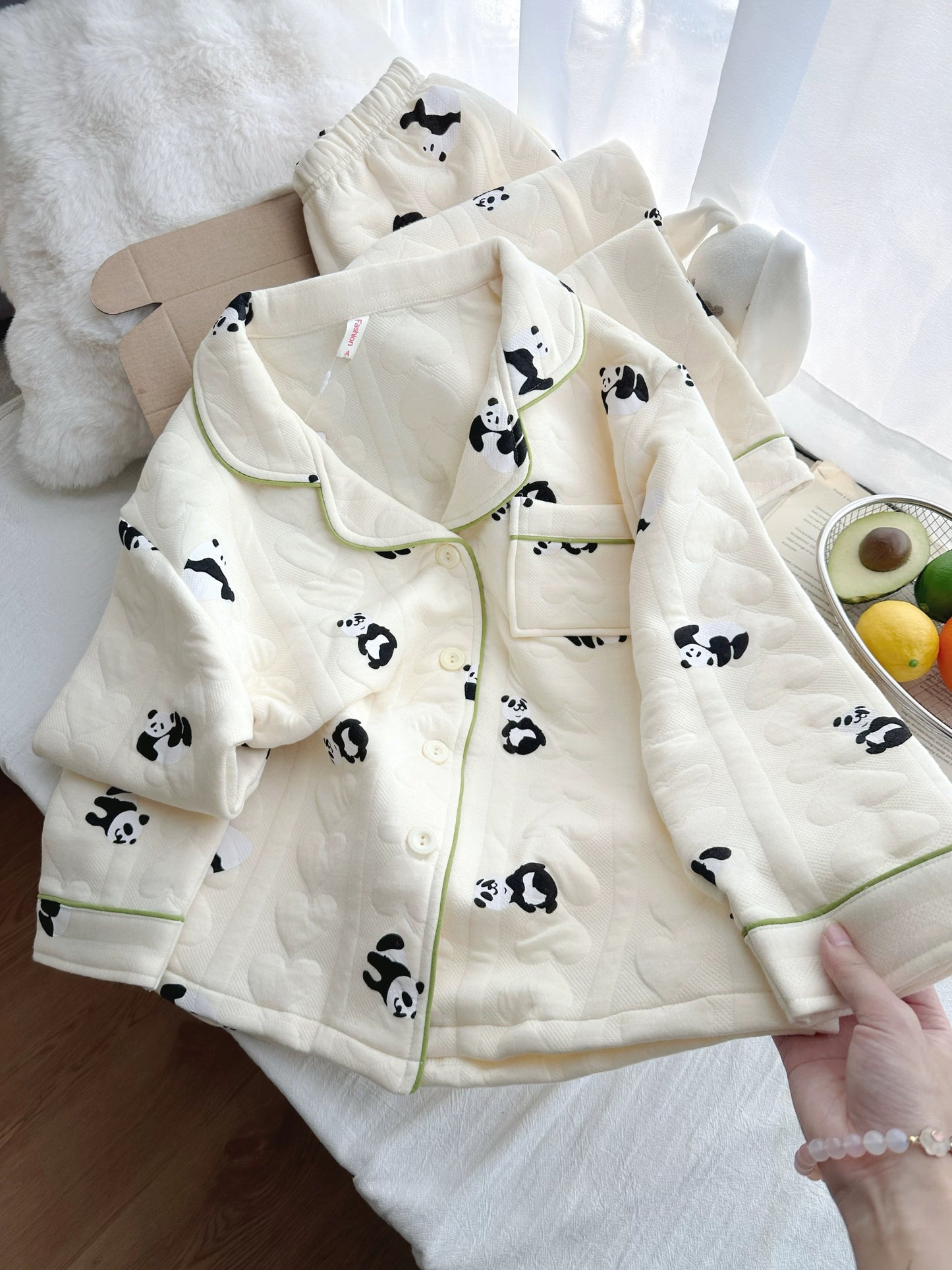Panda Print Space Cotton Quilted Pajama Set – Long Sleeve Button Top & Pants | Autumn Winter