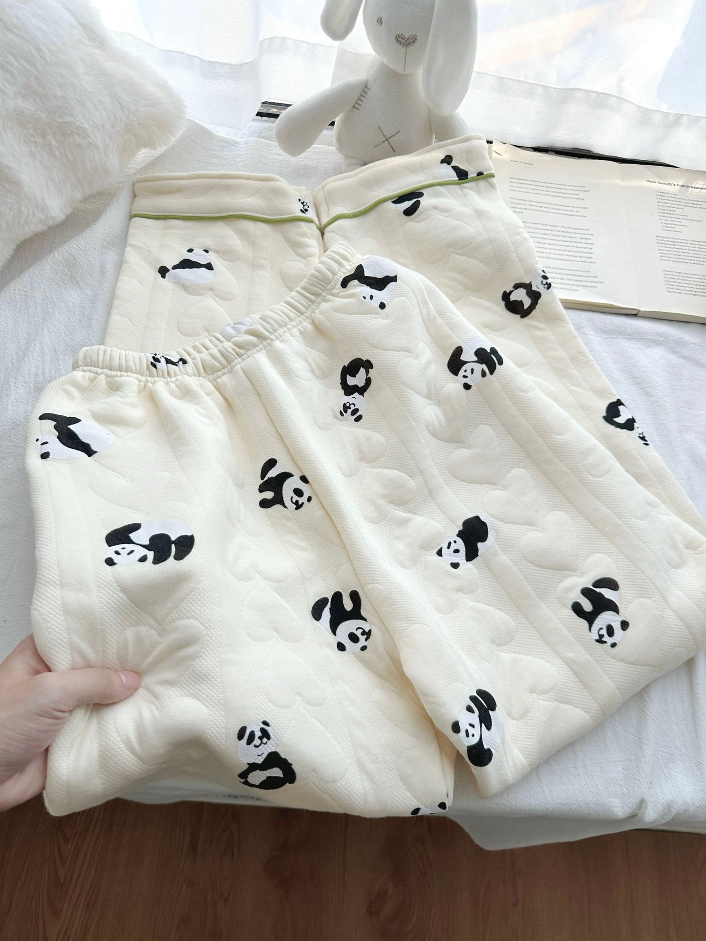 Panda Print Space Cotton Quilted Pajama Set – Long Sleeve Button Top & Pants | Autumn Winter