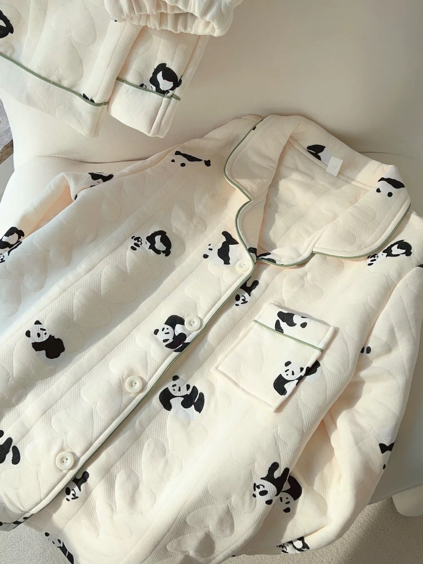 Panda Print Space Cotton Quilted Pajama Set – Long Sleeve Button Top & Pants | Autumn Winter