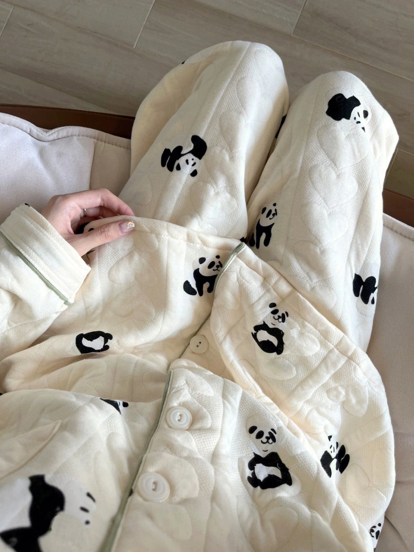 Panda Print Space Cotton Quilted Pajama Set – Long Sleeve Button Top & Pants | Autumn Winter