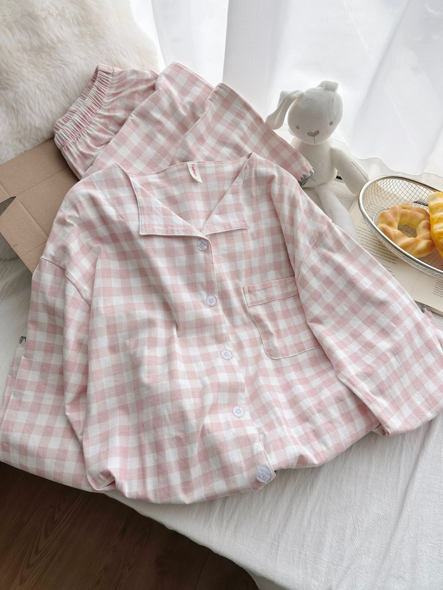 Pink Gingham Cotton Pajama Set – Unique V-Notch Collar Long Sleeve Top & Wide-Leg Pants