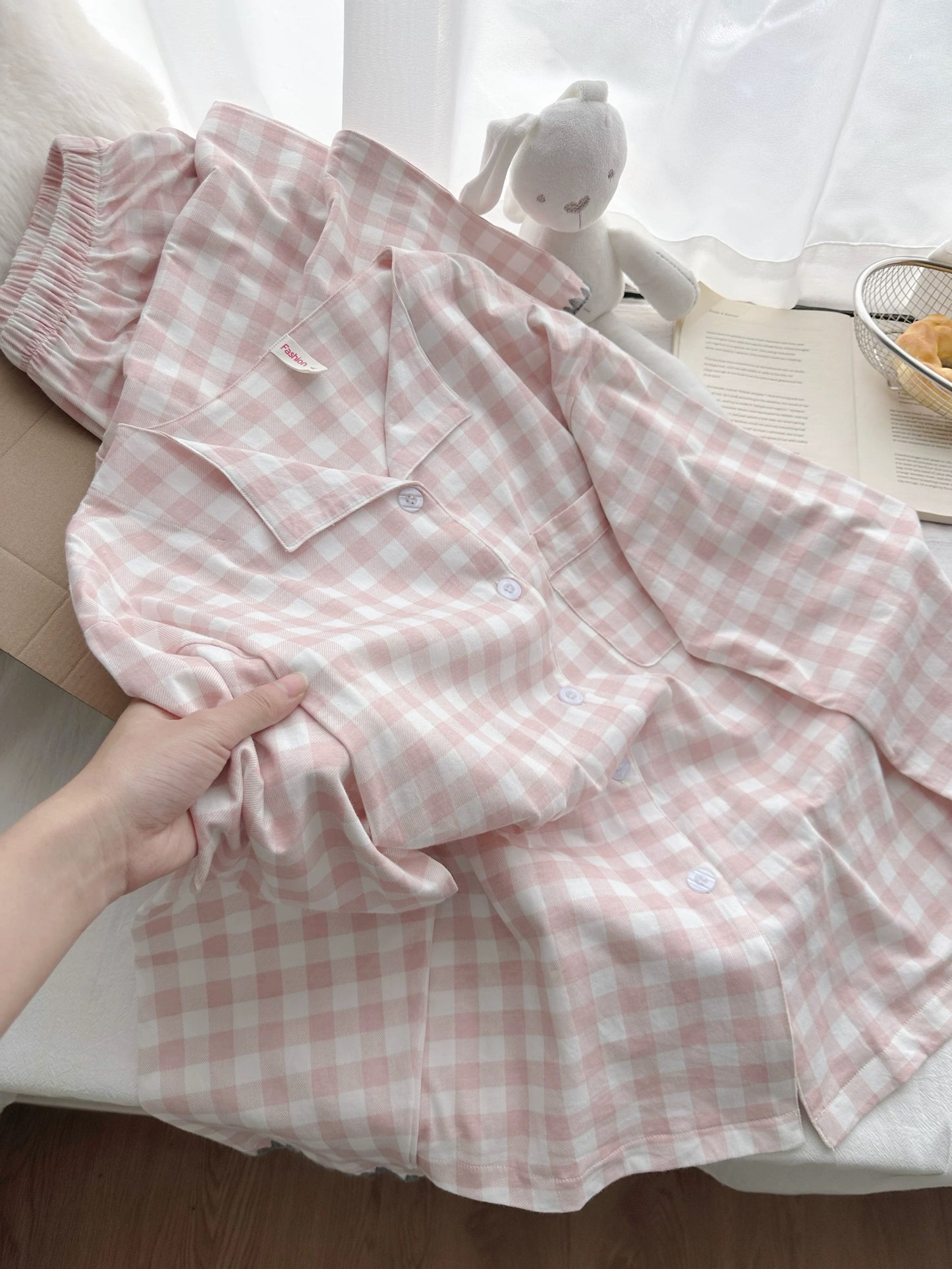Pink Gingham Cotton Pajama Set – Unique V-Notch Collar Long Sleeve Top & Wide-Leg Pants