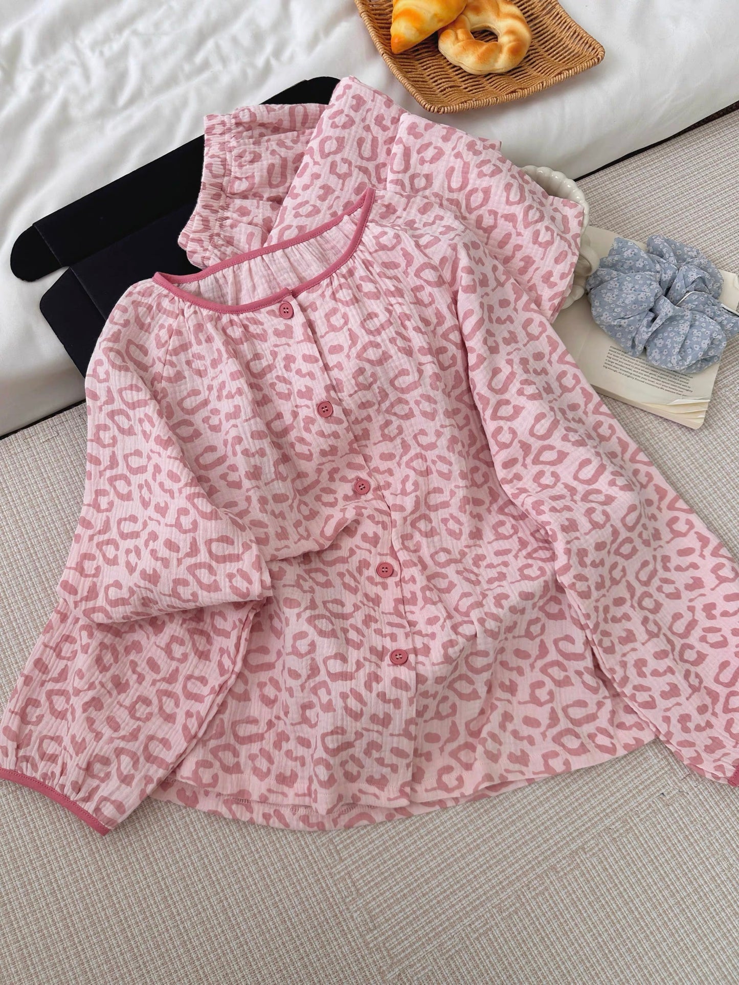 Pink Leopard Print Muslin Cotton Pajama Set – Button-Down Top & Wide-Leg Pants
