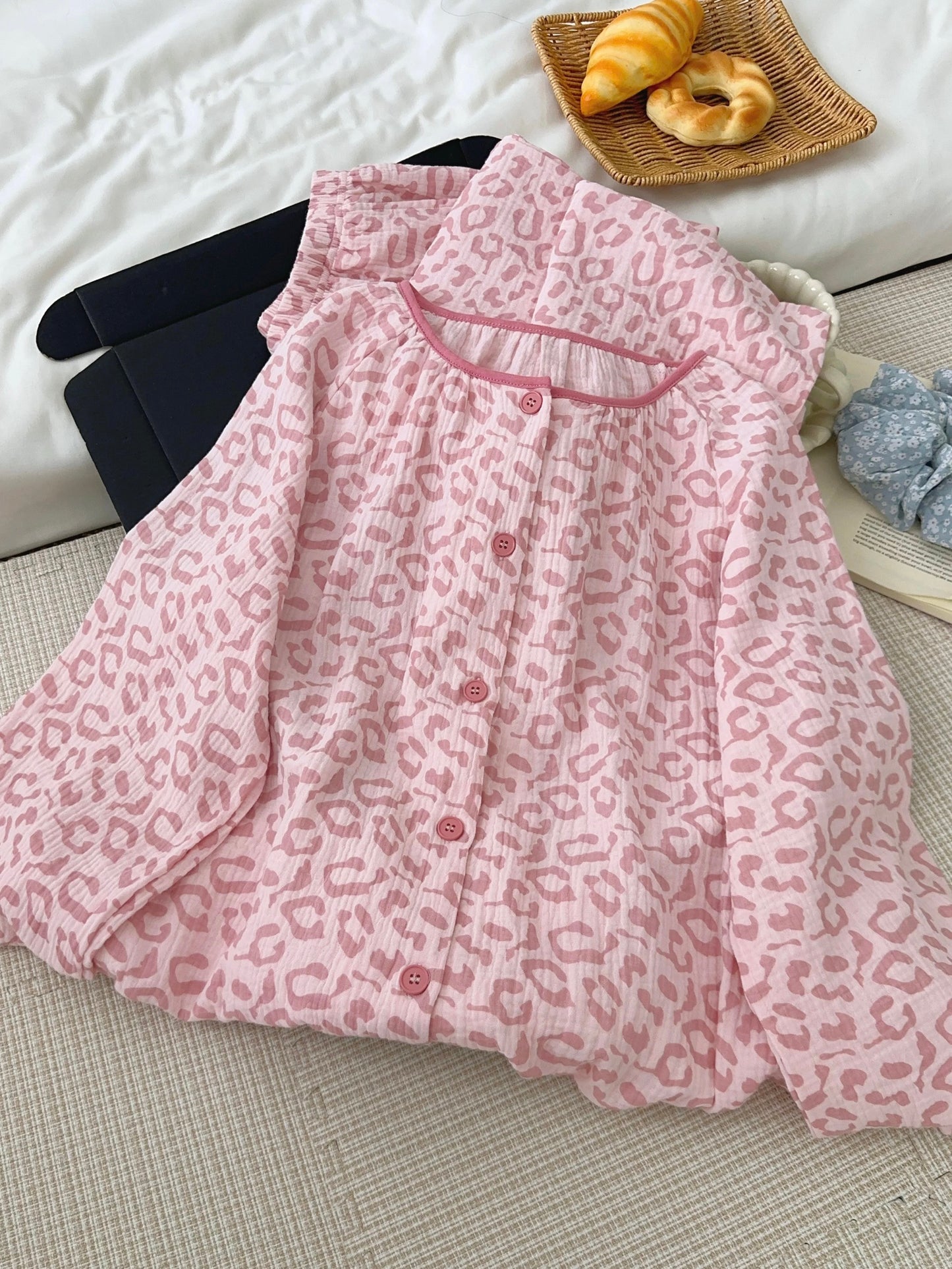 Pink Leopard Print Muslin Cotton Pajama Set – Button-Down Top & Wide-Leg Pants