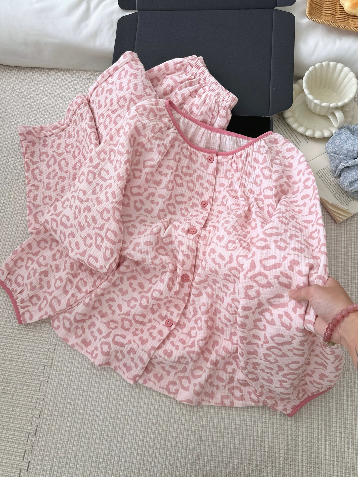 Pink Leopard Print Muslin Cotton Pajama Set – Button-Down Top & Wide-Leg Pants