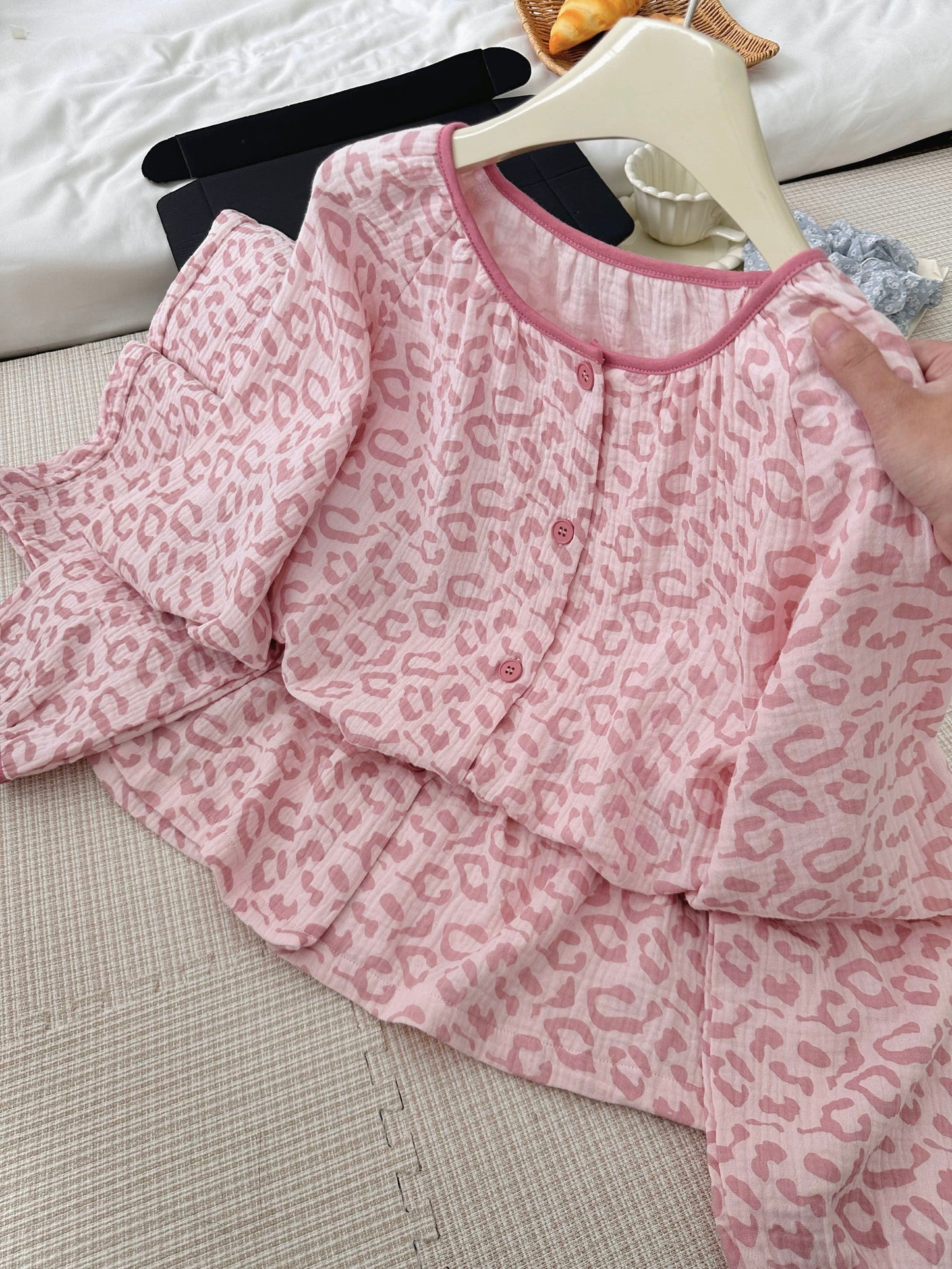 Pink Leopard Print Muslin Cotton Pajama Set – Button-Down Top & Wide-Leg Pants