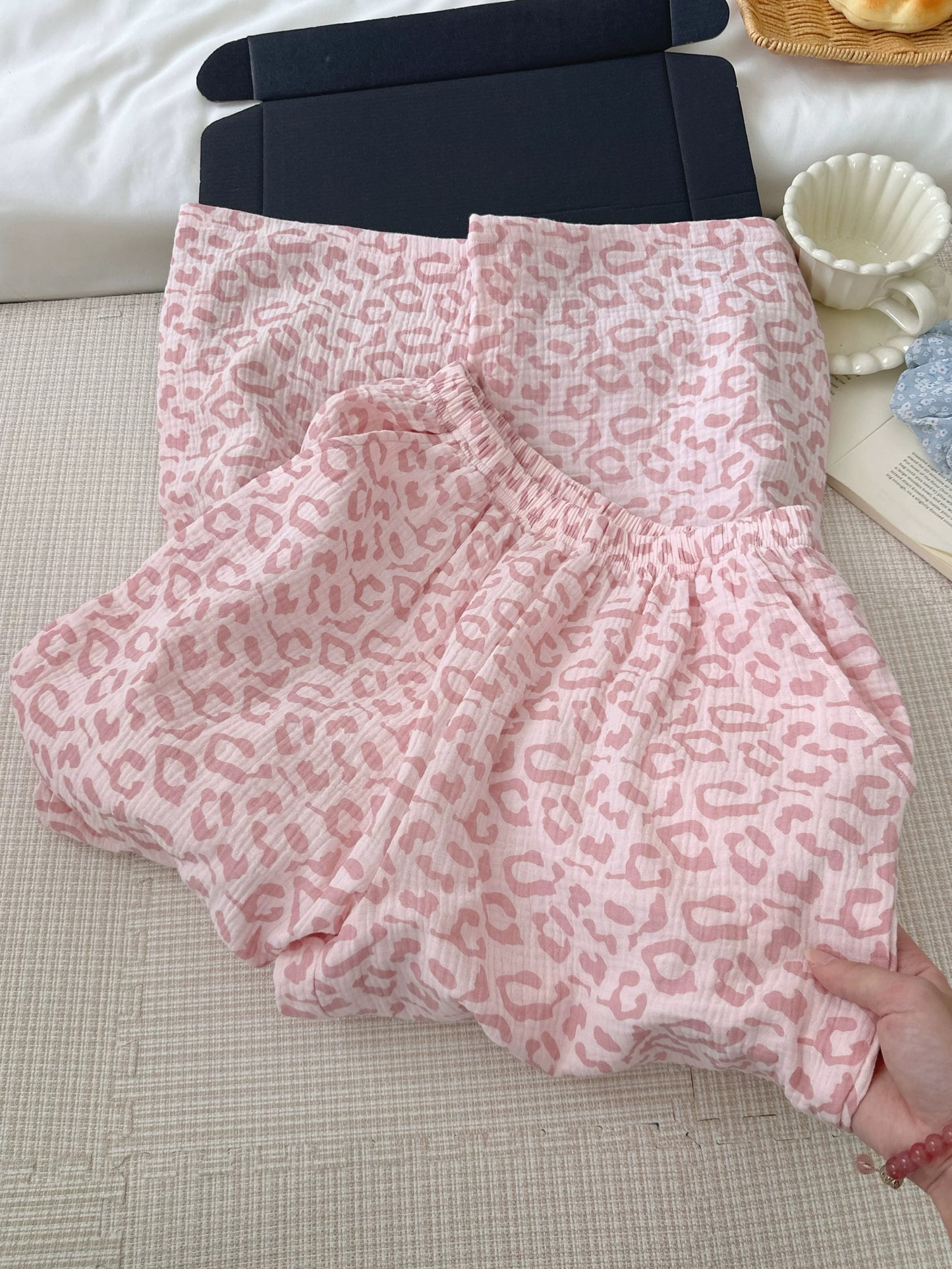 Pink Leopard Print Muslin Cotton Pajama Set – Button-Down Top & Wide-Leg Pants