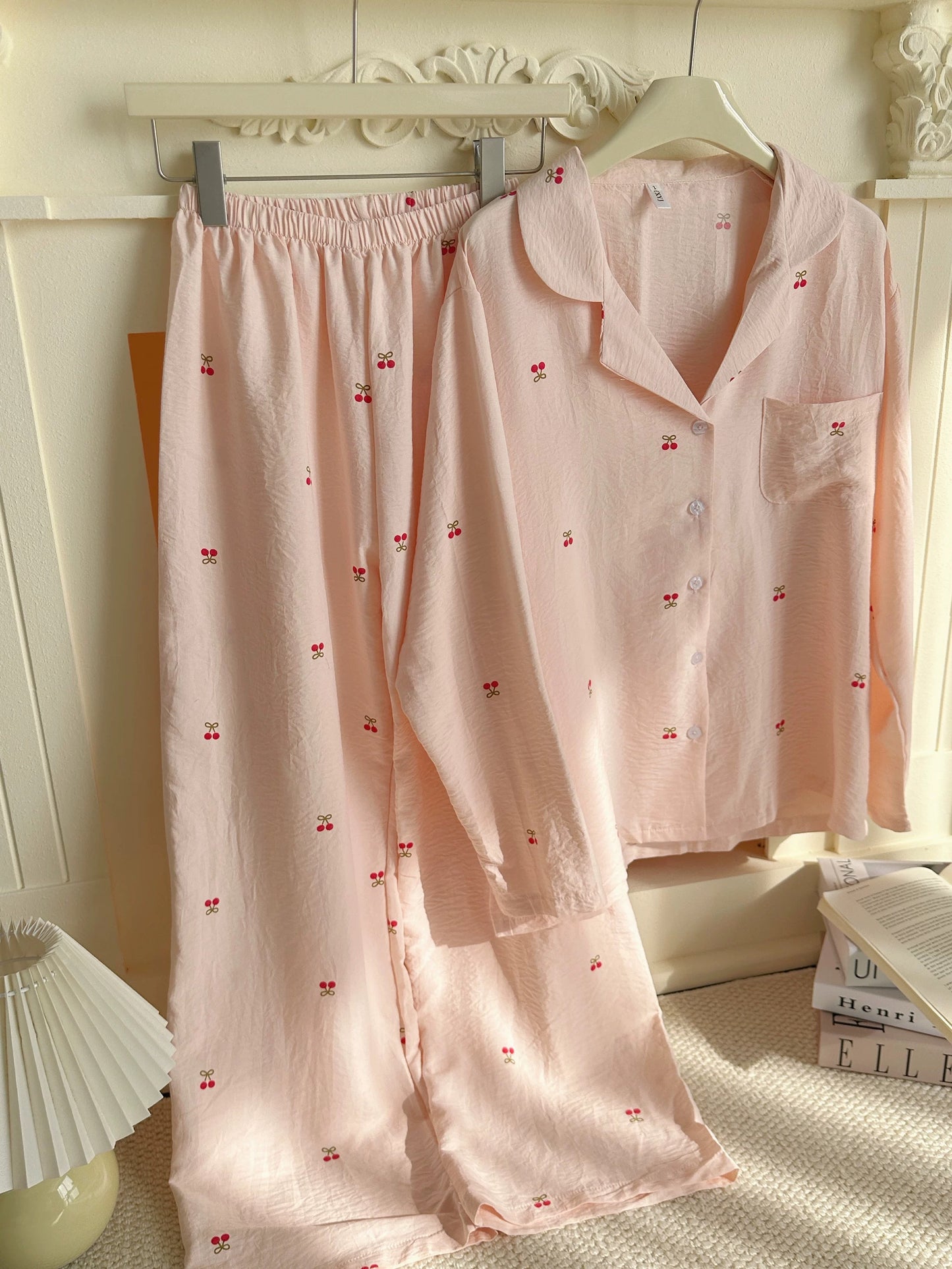 French Style Cherry Print Pajama Set – Notch Collar Long Sleeve Top & Wide-Leg Pants in Blush Pink