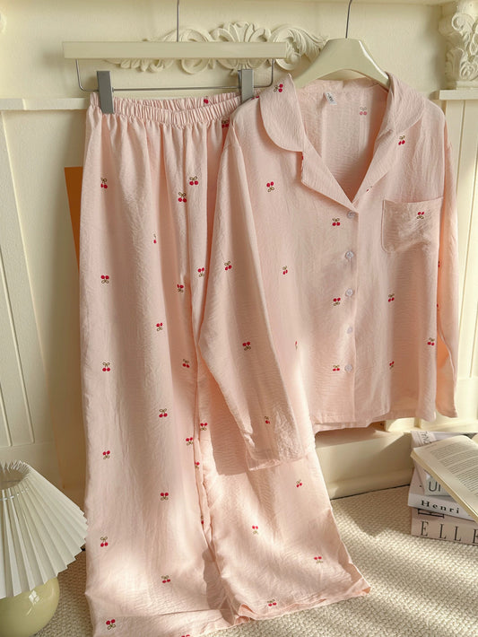 French Style Cherry Print Pajama Set – Notch Collar Long Sleeve Top & Wide-Leg Pants in Blush Pink