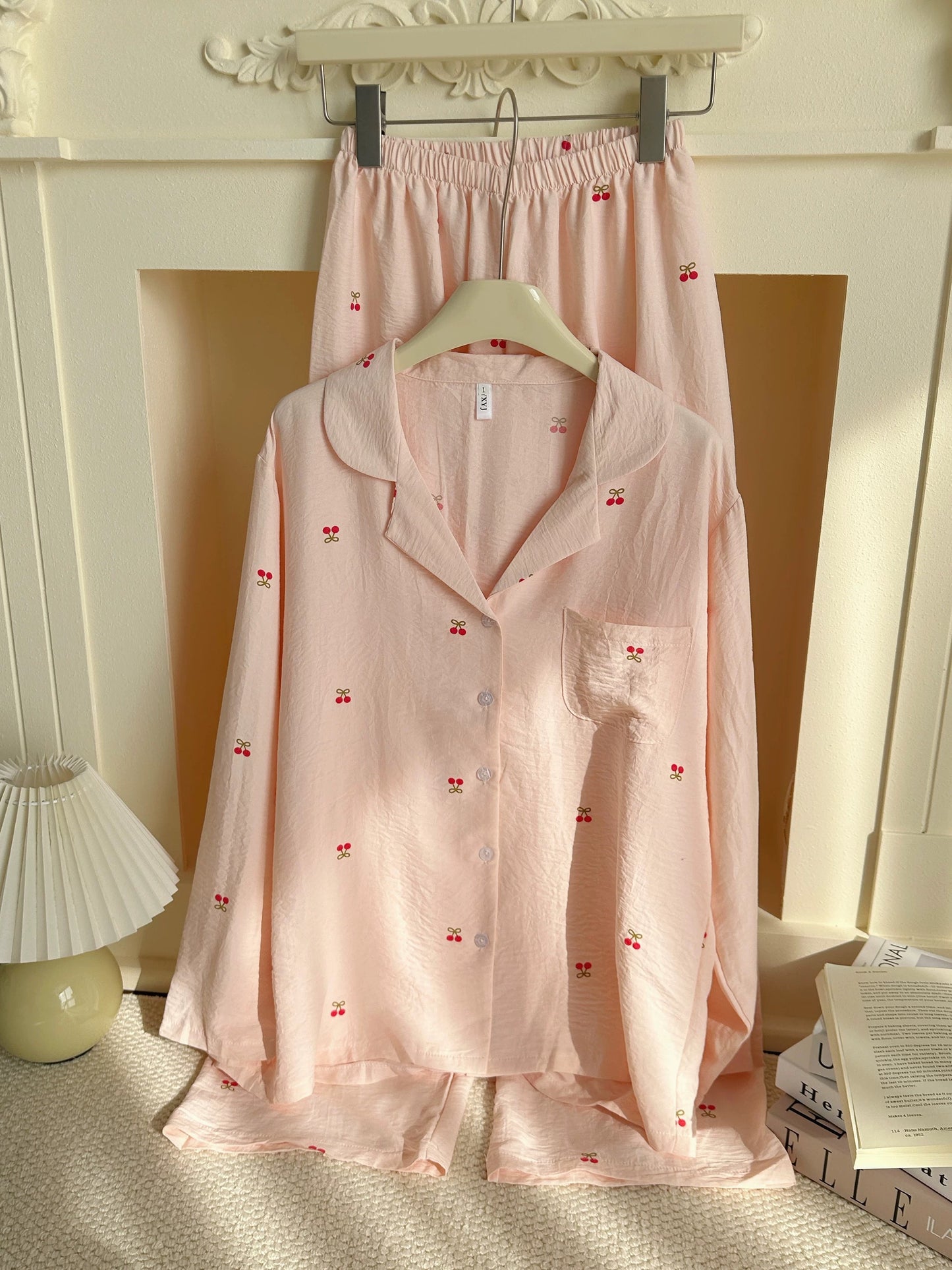 French Style Cherry Print Pajama Set – Notch Collar Long Sleeve Top & Wide-Leg Pants in Blush Pink