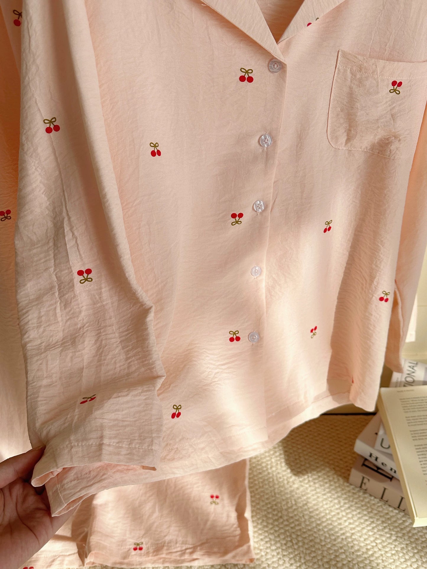 French Style Cherry Print Pajama Set – Notch Collar Long Sleeve Top & Wide-Leg Pants in Blush Pink