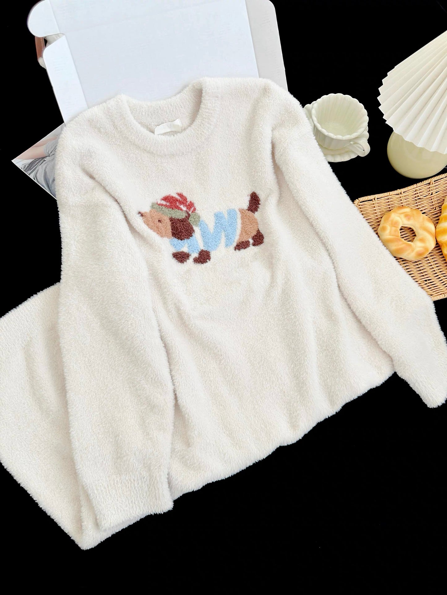 Cozy Dachshund Fleece Sleep Dress – Plush Nightgown in Cream | Autumn Winter
