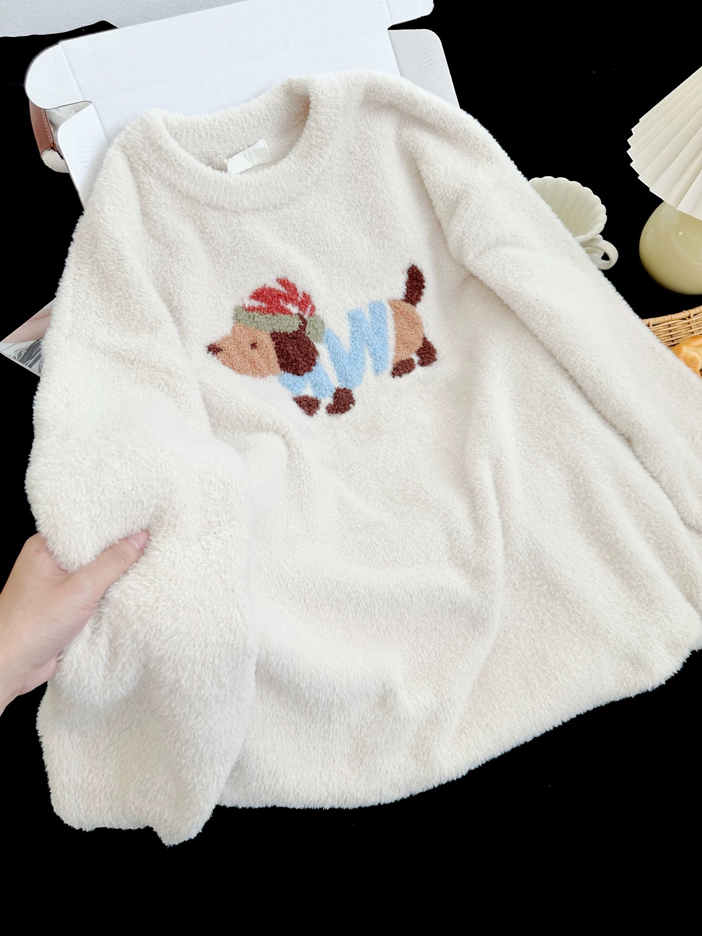 Cozy Dachshund Fleece Sleep Dress – Plush Nightgown in Cream | Autumn Winter