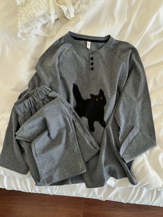 Spooky Black Cat Print Pajama Set – Henley Long Sleeve Top & Shorts in Grey