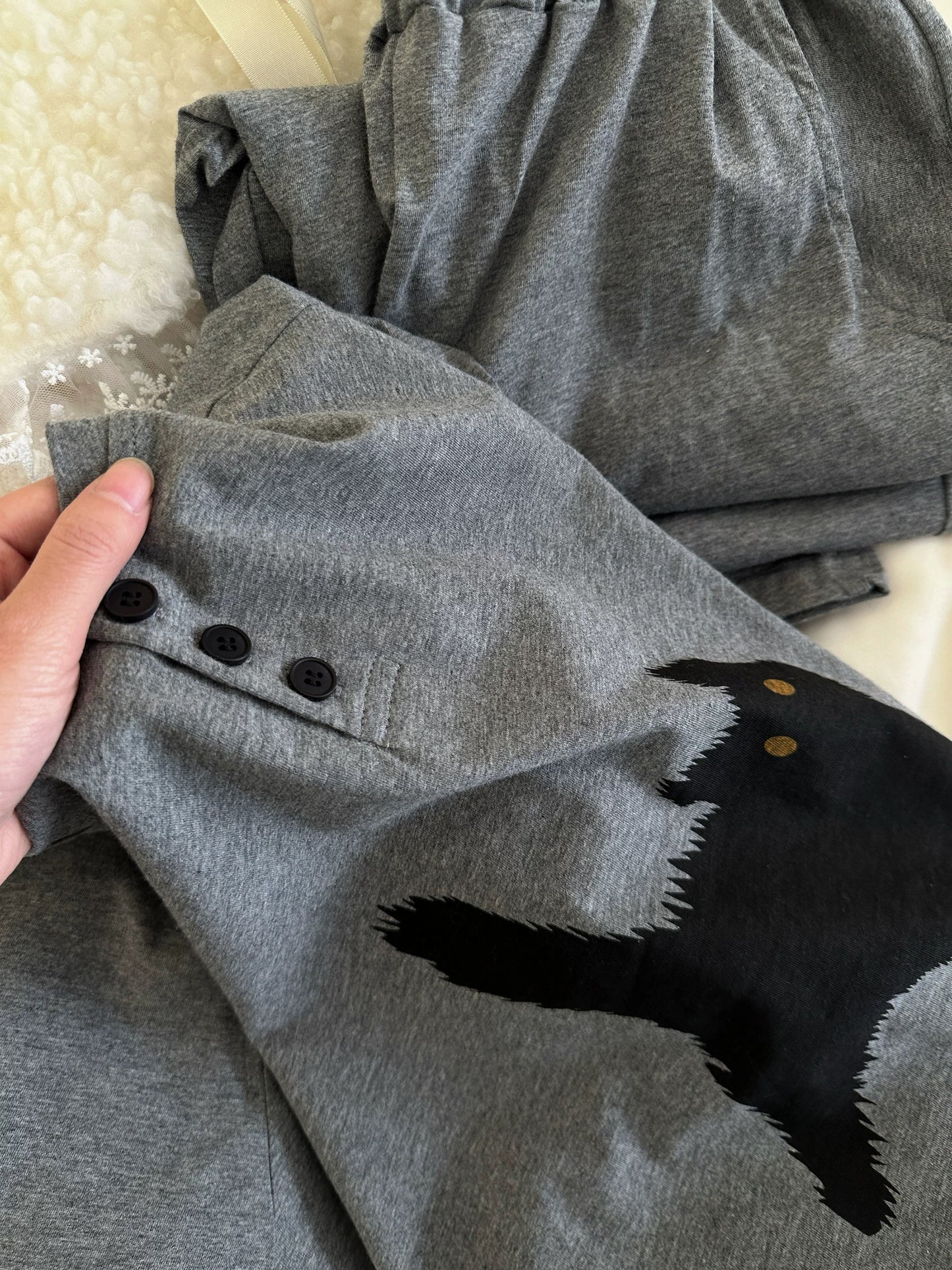 Spooky Black Cat Print Pajama Set – Henley Long Sleeve Top & Shorts in Grey