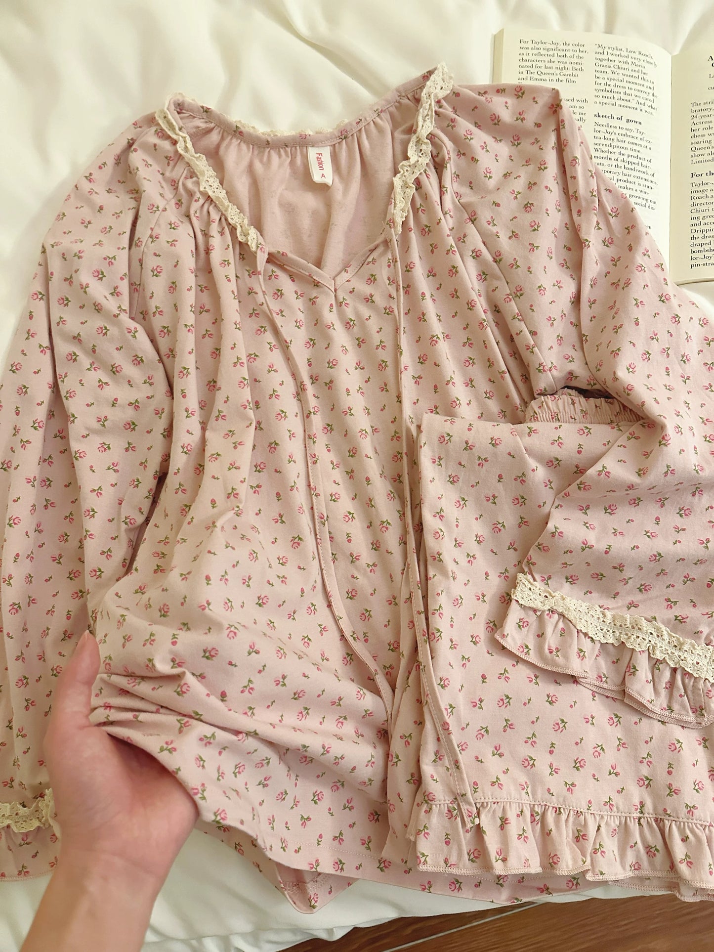 Ditsy Rose Print Pajama Set – Lace Trim Tie-Front Long Sleeve Top & Ruffle Pants in Dusty Pink