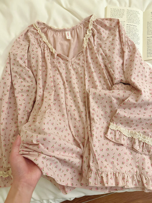 Ditsy Rose Print Pajama Set – Lace Trim Tie-Front Long Sleeve Top & Ruffle Pants in Dusty Pink
