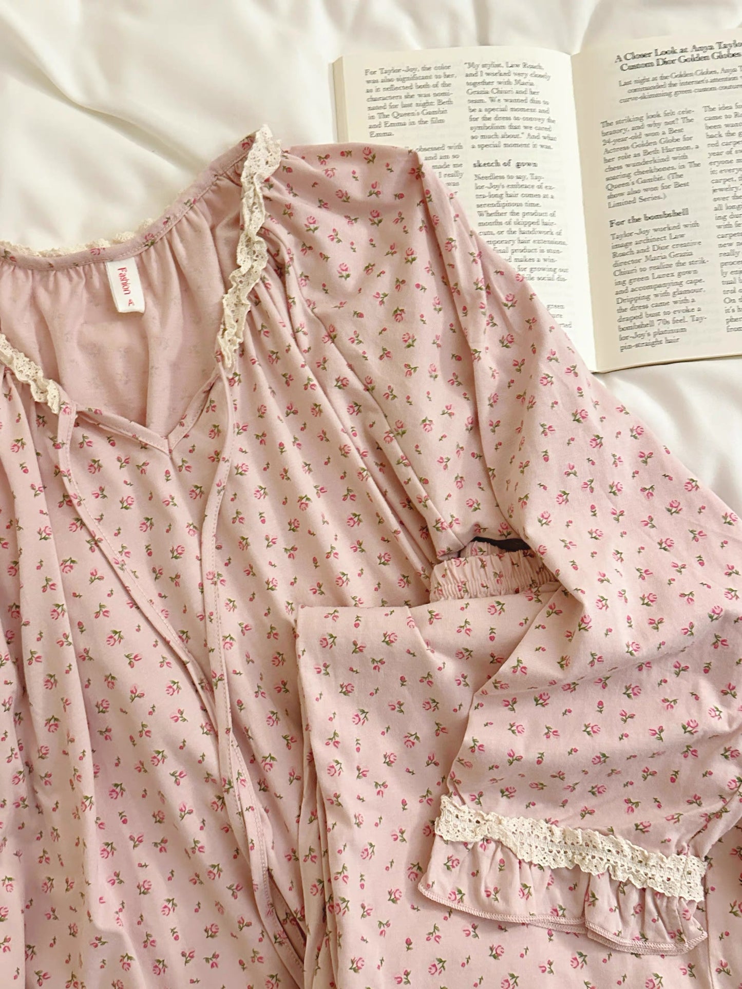 Ditsy Rose Print Pajama Set – Lace Trim Tie-Front Long Sleeve Top & Ruffle Pants in Dusty Pink