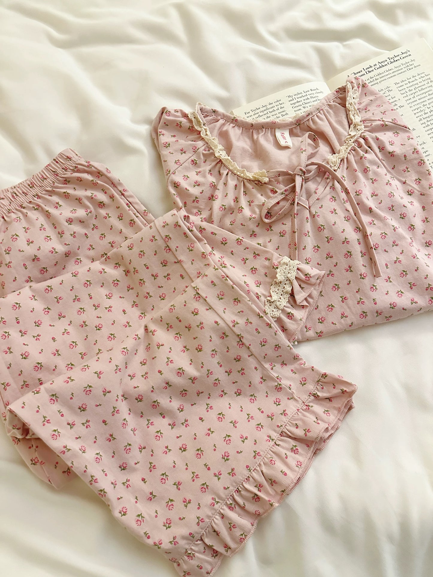Ditsy Rose Print Pajama Set – Lace Trim Tie-Front Long Sleeve Top & Ruffle Pants in Dusty Pink