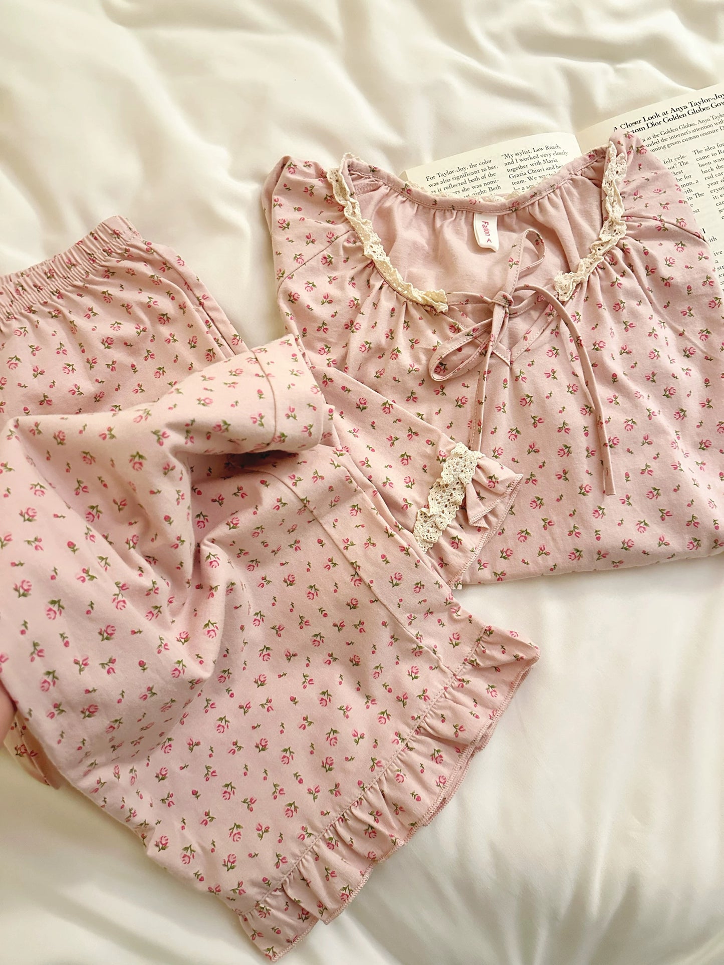 Ditsy Rose Print Pajama Set – Lace Trim Tie-Front Long Sleeve Top & Ruffle Pants in Dusty Pink