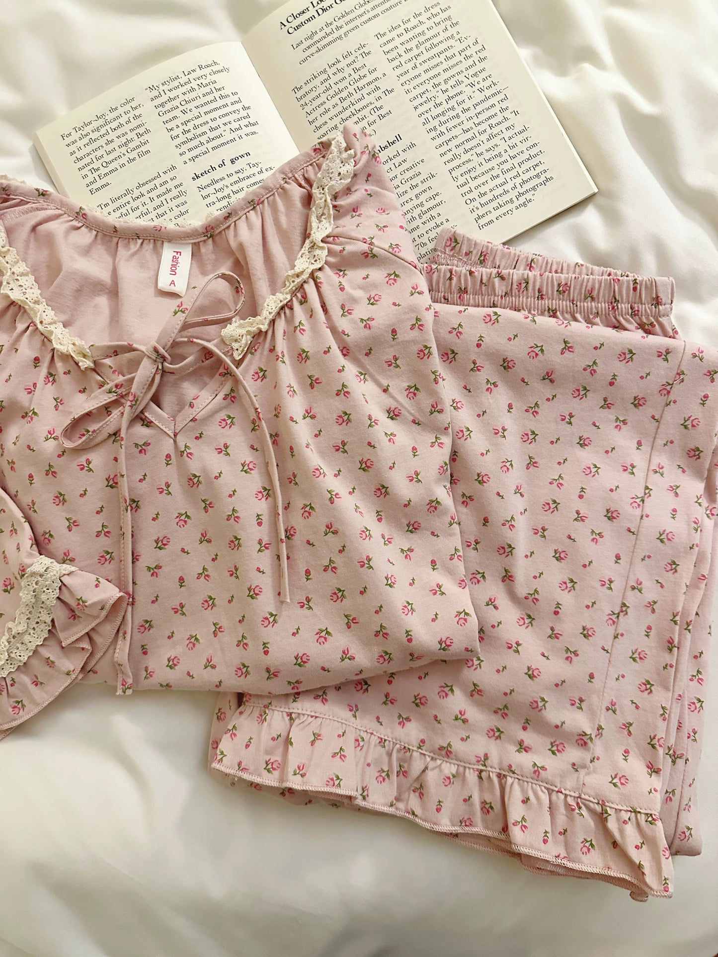 Ditsy Rose Print Pajama Set – Lace Trim Tie-Front Long Sleeve Top & Ruffle Pants in Dusty Pink