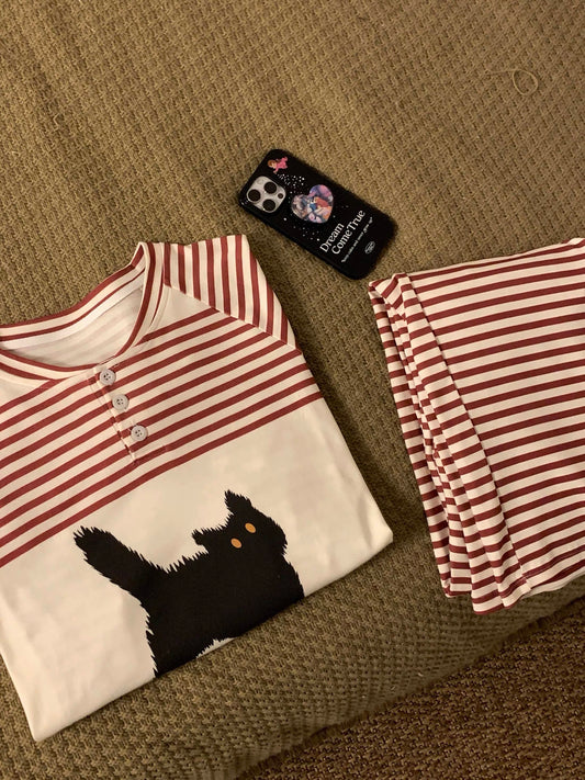 Grumpy Black Cat Stripe Pajama Set – Raglan Long Sleeve Top & Pants in Red & Cream