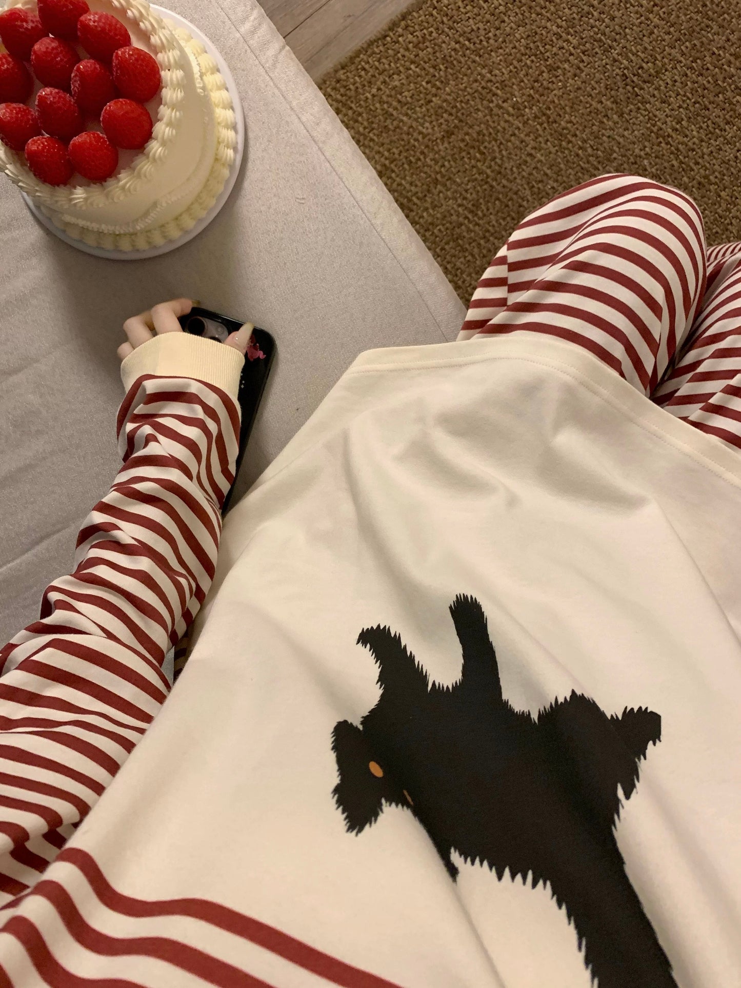 Grumpy Black Cat Stripe Pajama Set – Raglan Long Sleeve Top & Pants in Red & Cream