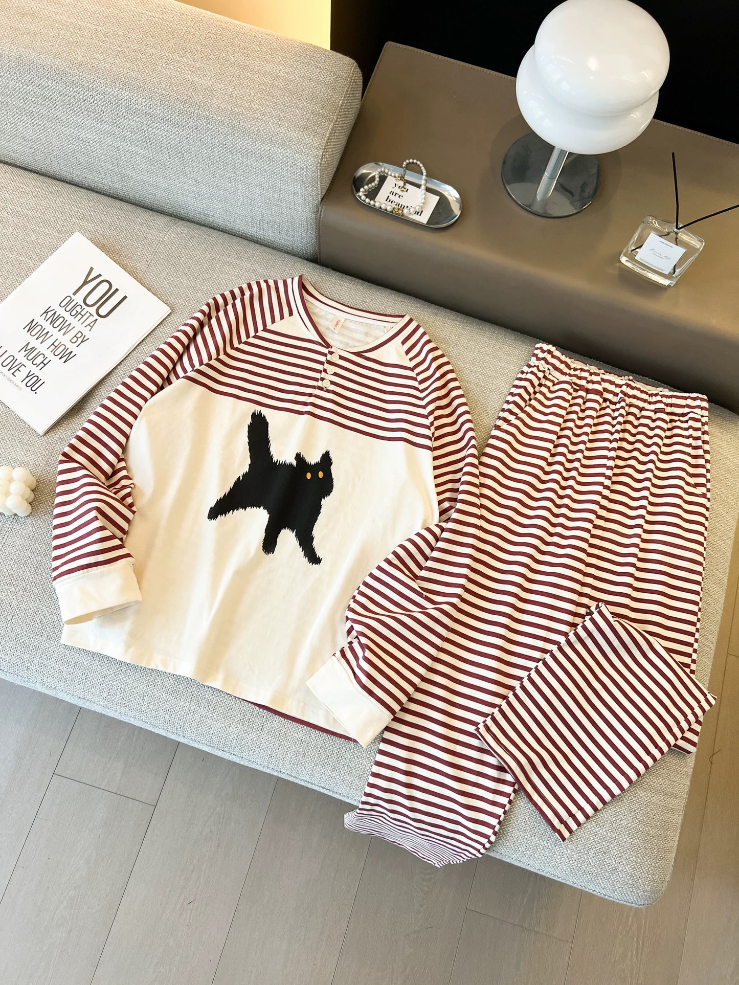Grumpy Black Cat Stripe Pajama Set – Raglan Long Sleeve Top & Pants in Red & Cream