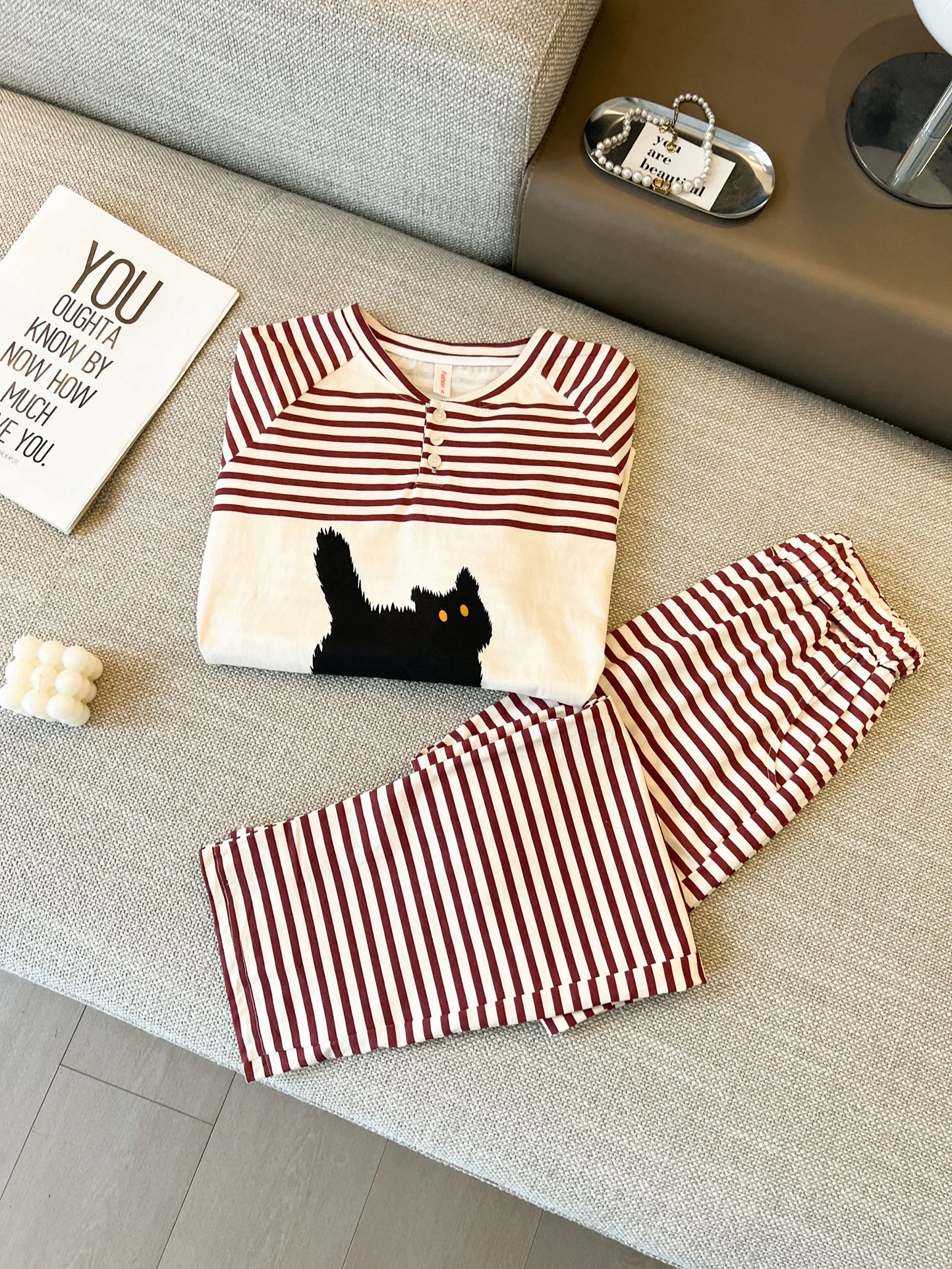Grumpy Black Cat Stripe Pajama Set – Raglan Long Sleeve Top & Pants in Red & Cream