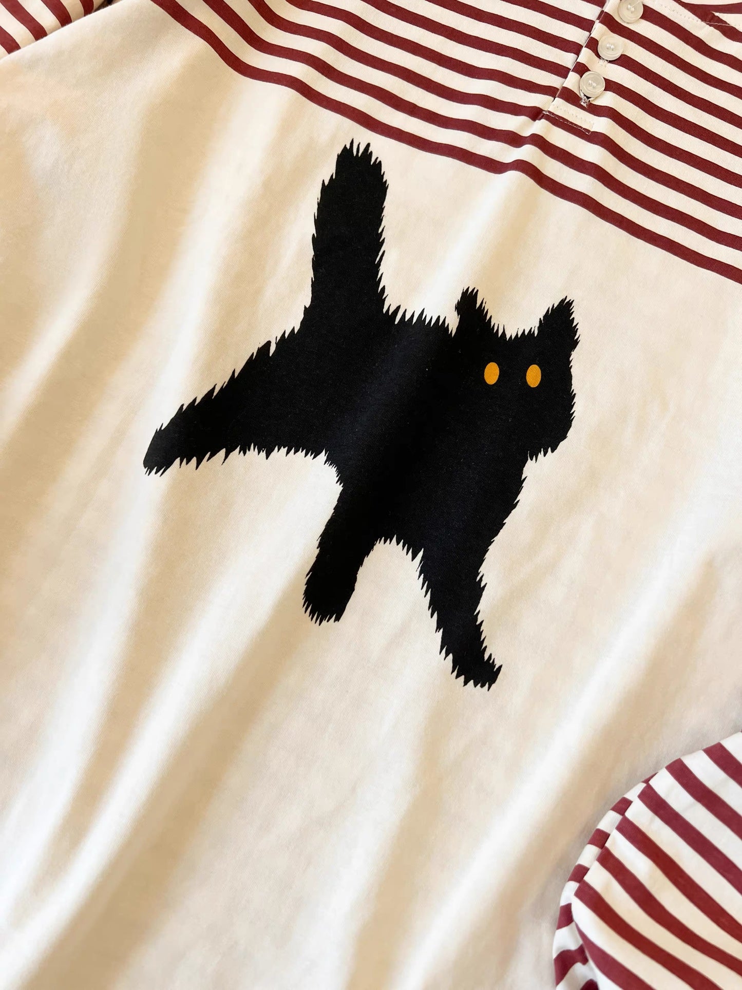 Grumpy Black Cat Stripe Pajama Set – Raglan Long Sleeve Top & Pants in Red & Cream