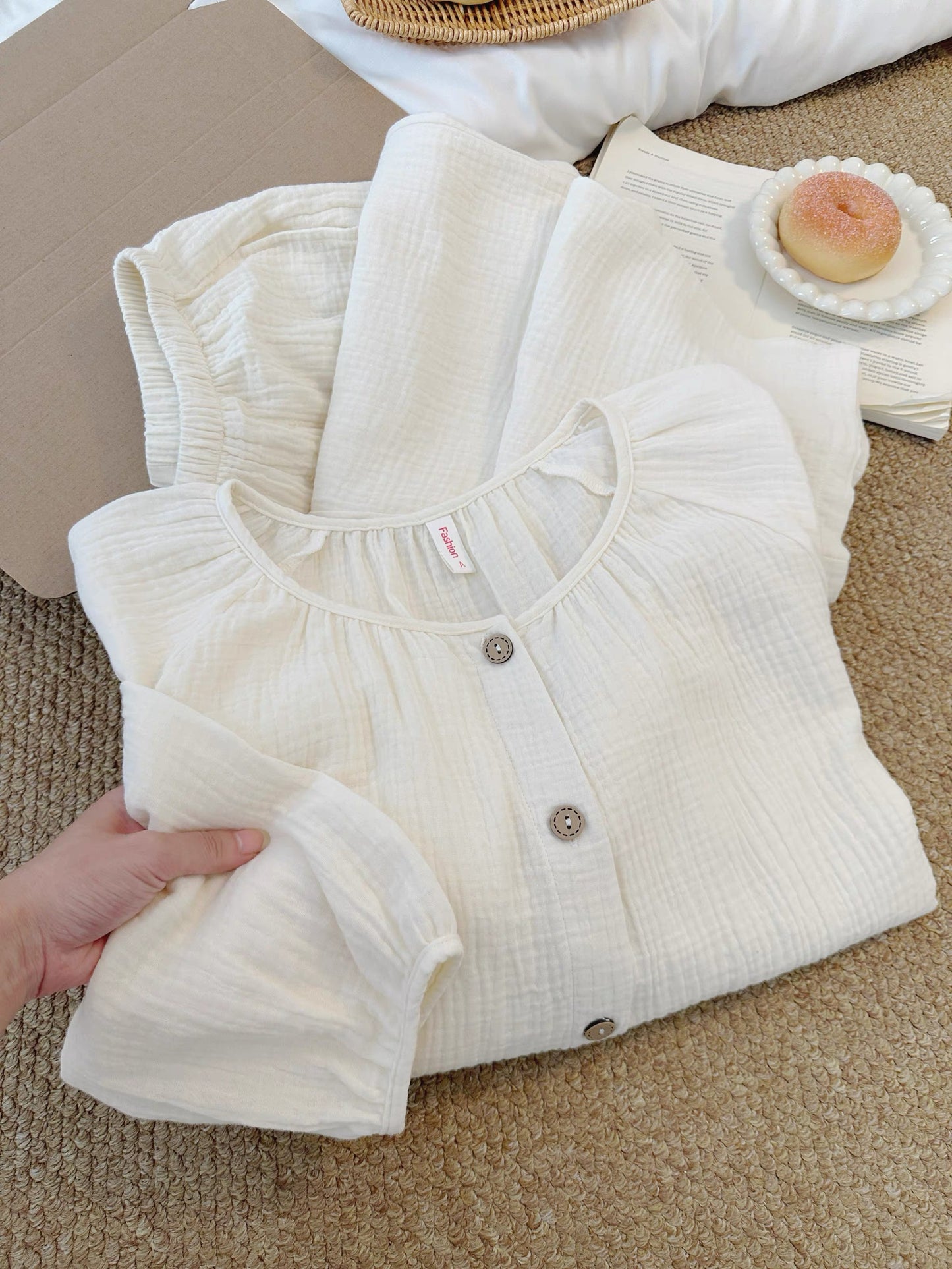 Cream Gauze Pajama Set – Gathered Round Neck Button Top & Wide-Leg Pants | Minimalist Everyday