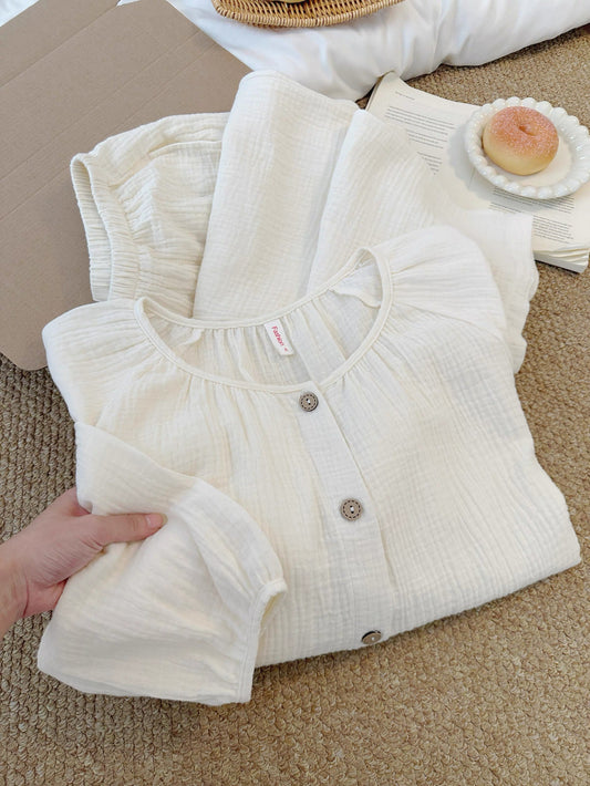Cream Gauze Pajama Set – Gathered Round Neck Button Top & Wide-Leg Pants | Minimalist Everyday