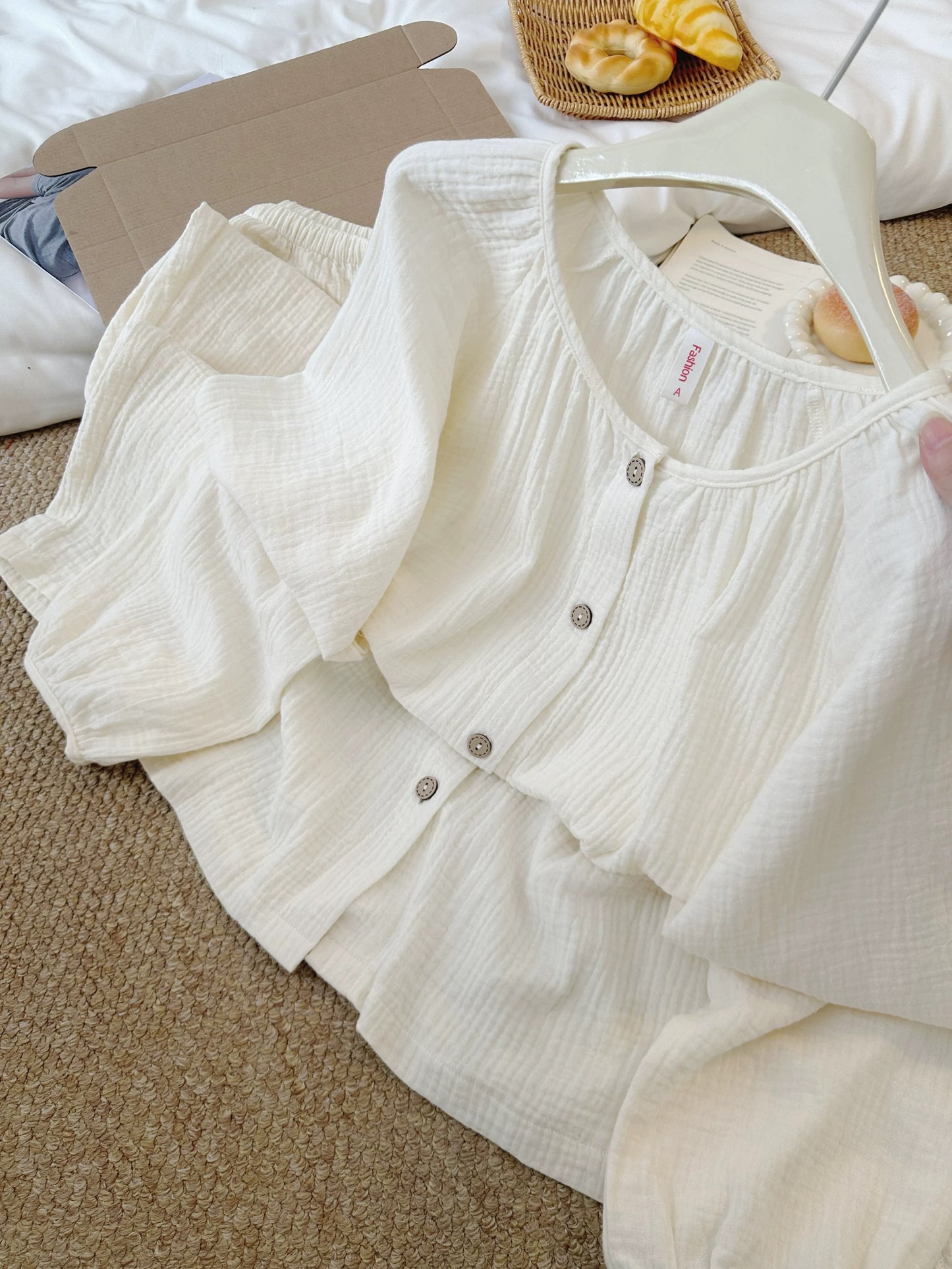 Cream Gauze Pajama Set – Gathered Round Neck Button Top & Wide-Leg Pants | Minimalist Everyday