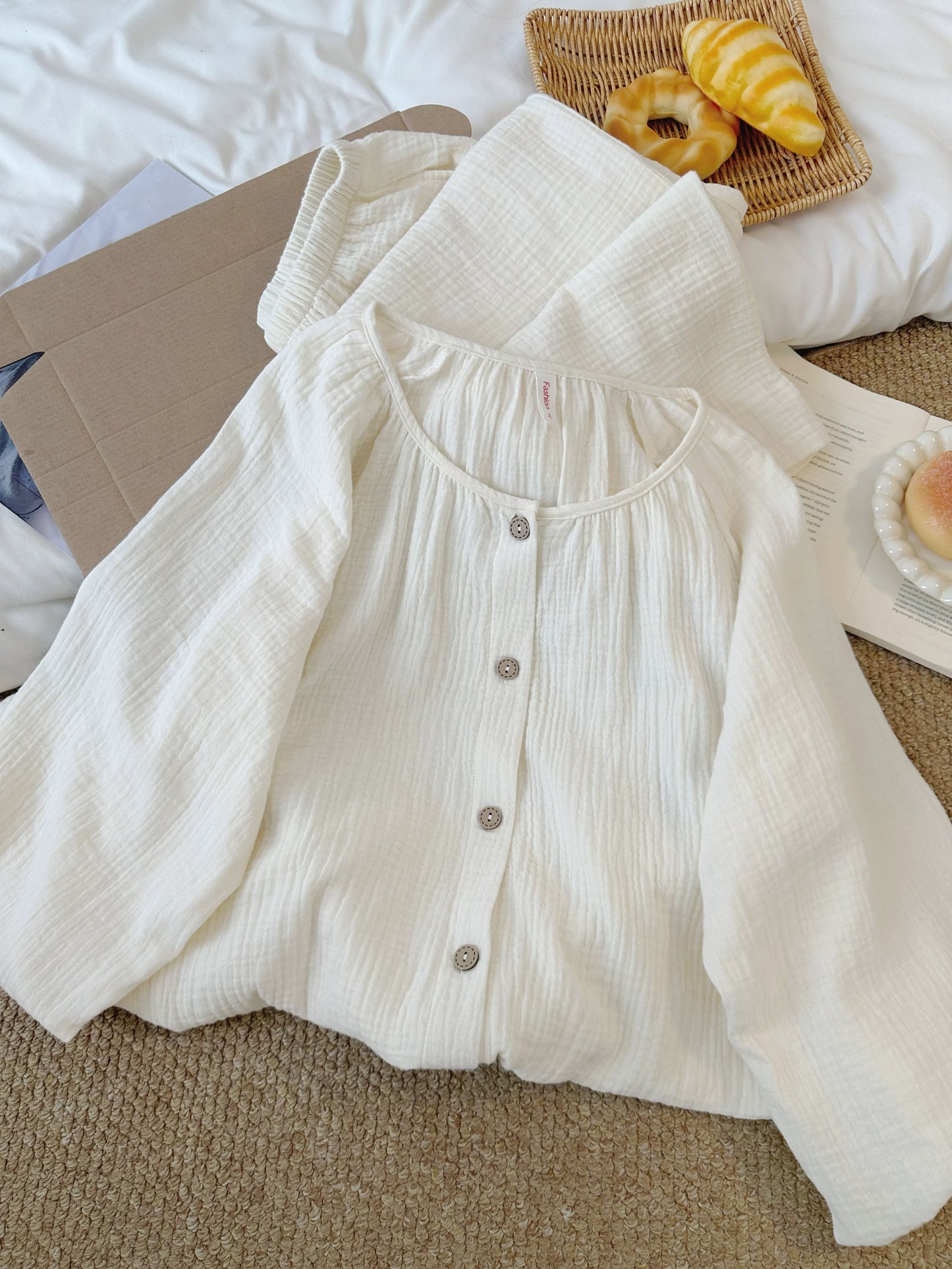 Cream Gauze Pajama Set – Gathered Round Neck Button Top & Wide-Leg Pants | Minimalist Everyday