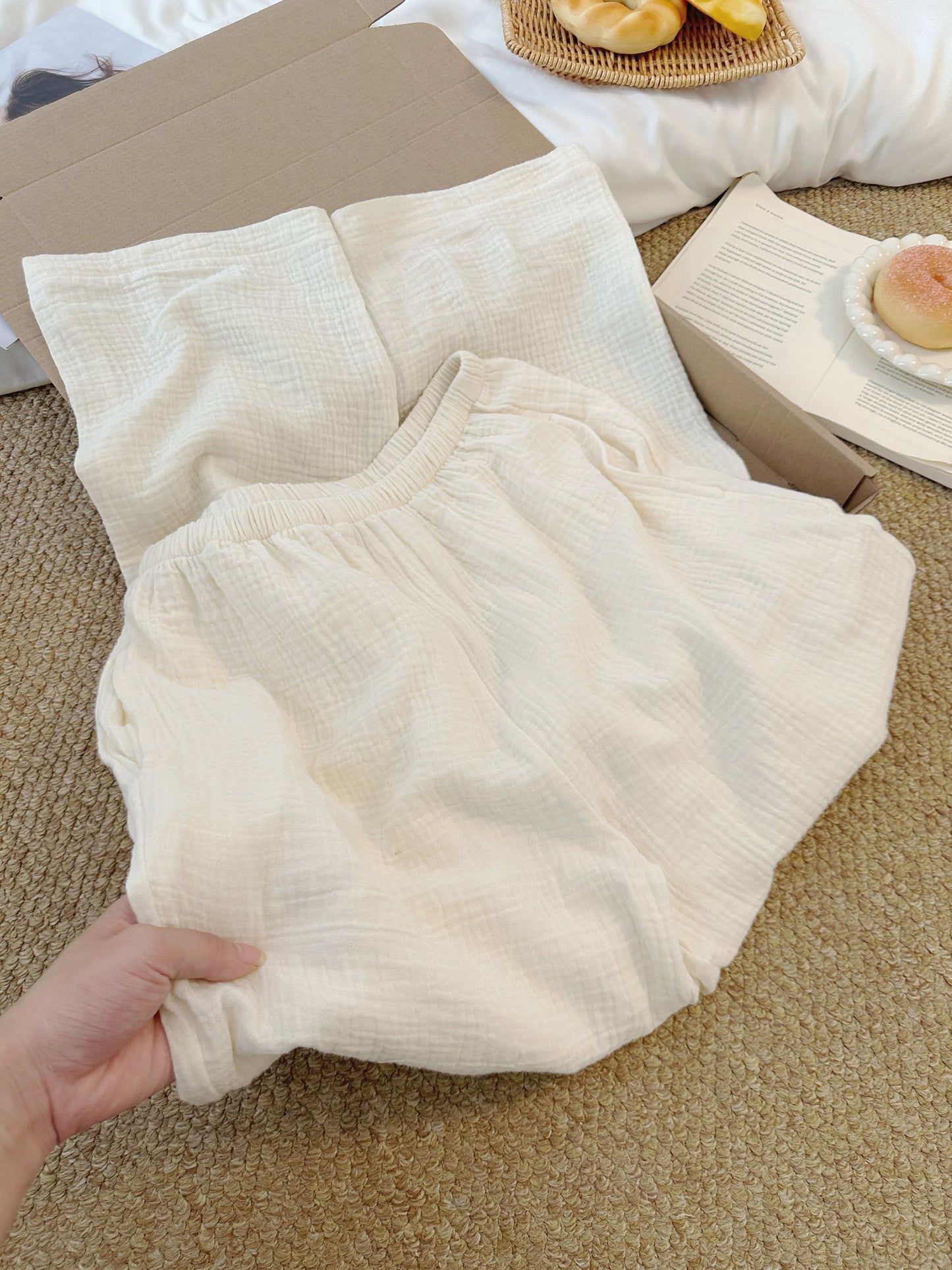 Cream Gauze Pajama Set – Gathered Round Neck Button Top & Wide-Leg Pants | Minimalist Everyday
