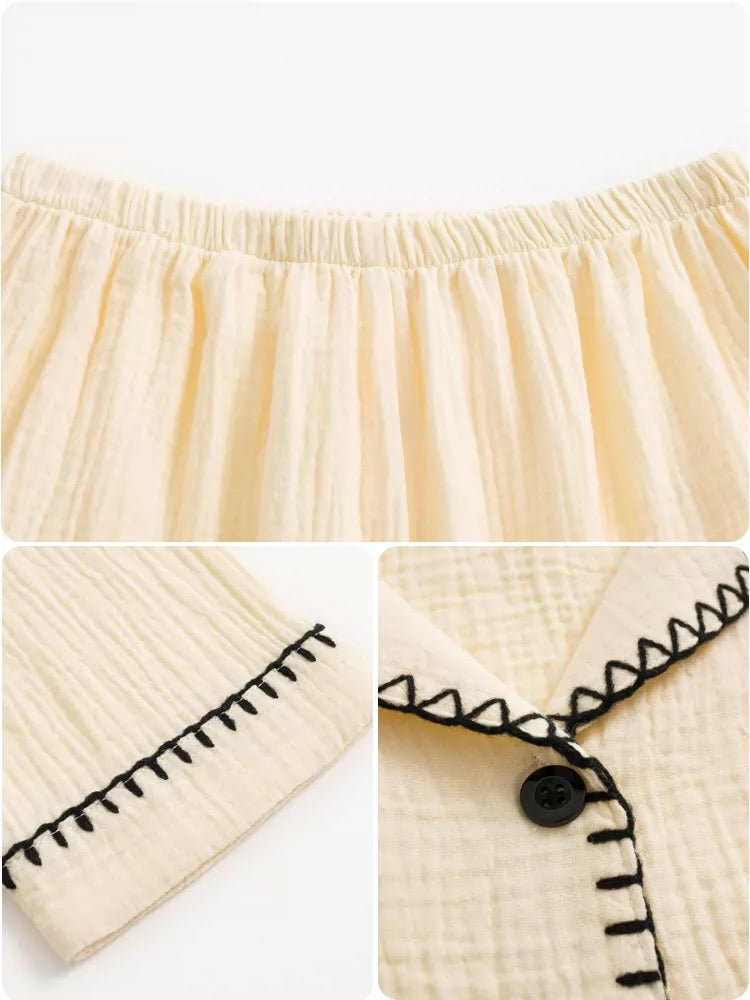 White Gauze Pajama Set – Black Zigzag Trim Long Sleeve Top & Wide-Leg Pants | Minimalist Chic