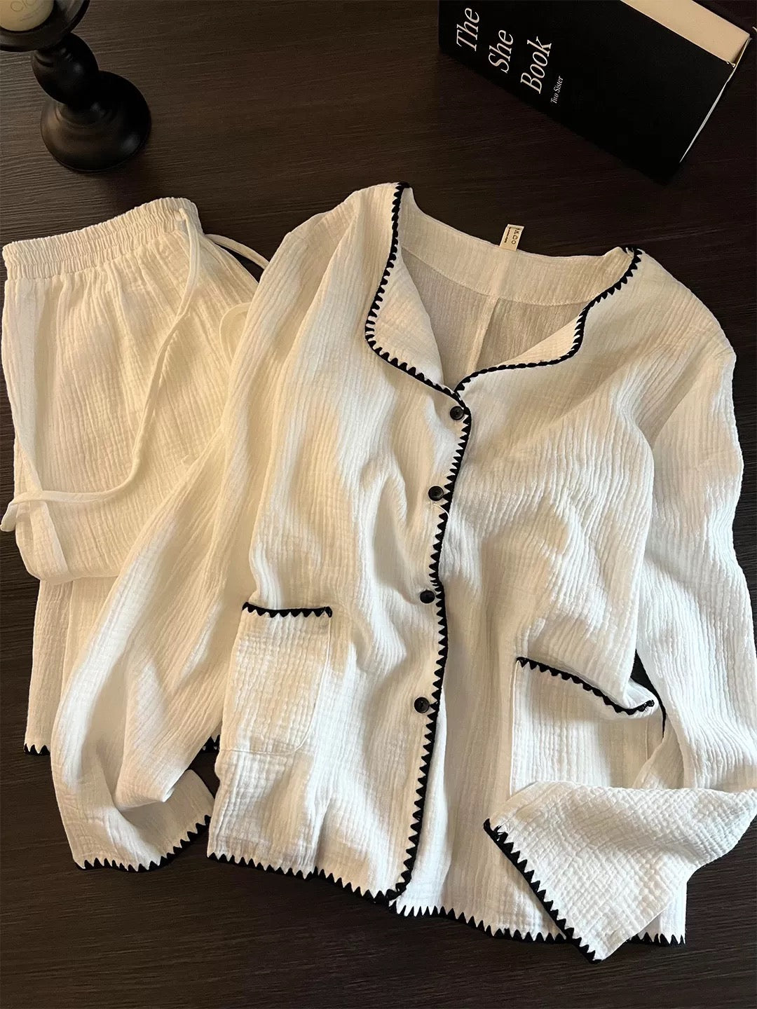 White Gauze Pajama Set – Black Zigzag Trim Long Sleeve Top & Wide-Leg Pants | Minimalist Chic