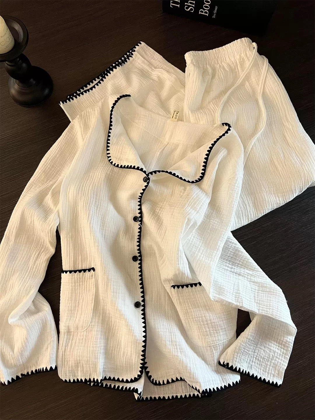 White Gauze Pajama Set – Black Zigzag Trim Long Sleeve Top & Wide-Leg Pants | Minimalist Chic