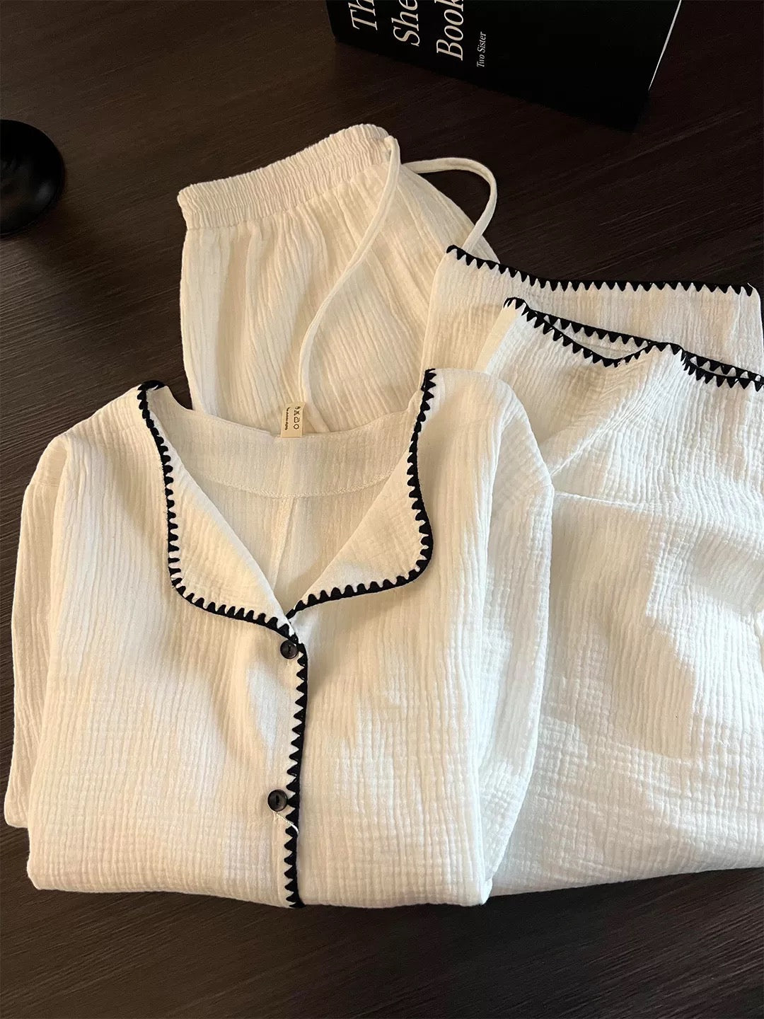 White Gauze Pajama Set – Black Zigzag Trim Long Sleeve Top & Wide-Leg Pants | Minimalist Chic
