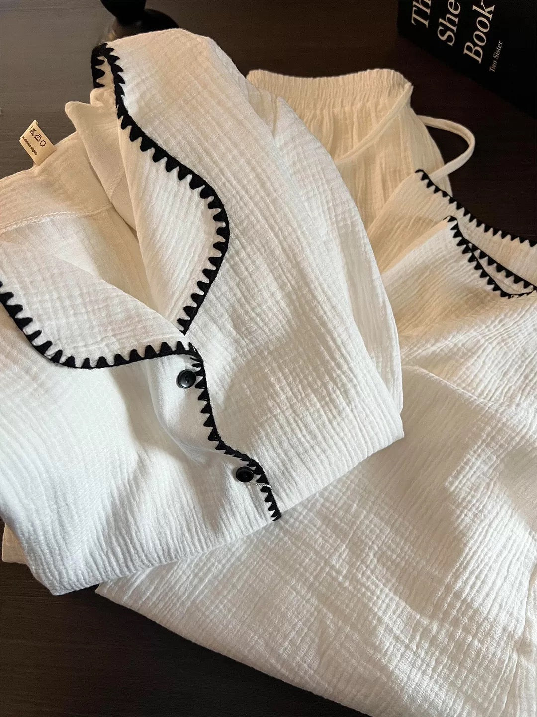 White Gauze Pajama Set – Black Zigzag Trim Long Sleeve Top & Wide-Leg Pants | Minimalist Chic
