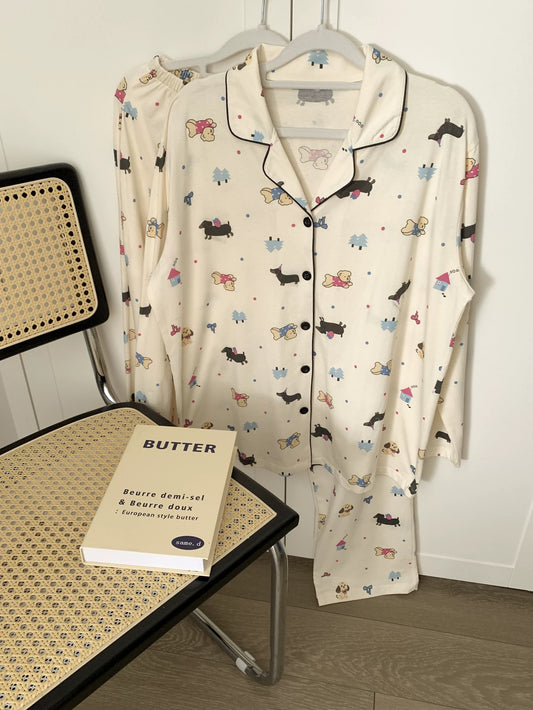 Cartoon Animals Print Pajama Set – Notch Collar Long Sleeve Top & Pants with Black Piping