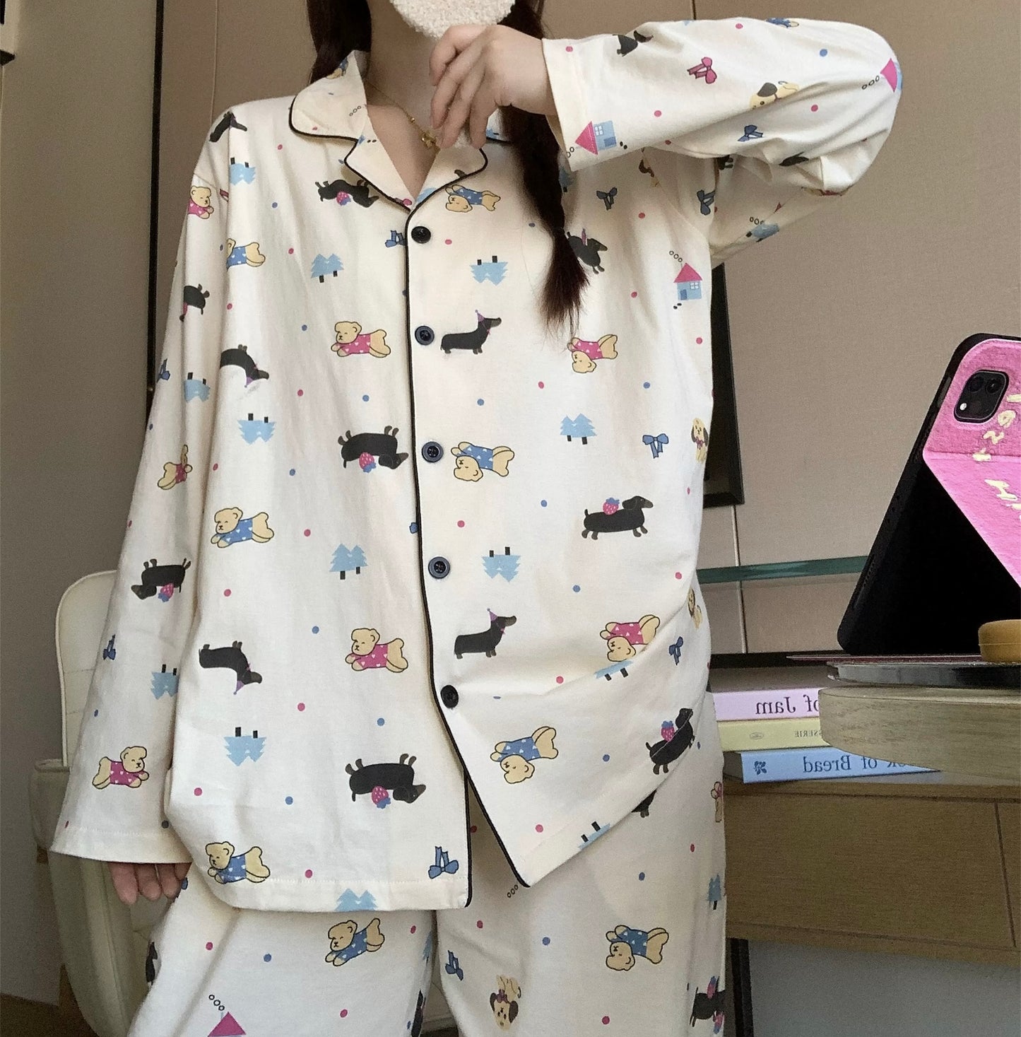 Cartoon Animals Print Pajama Set – Notch Collar Long Sleeve Top & Pants with Black Piping