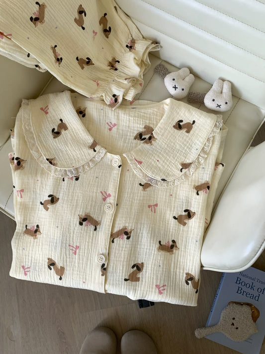 Dachshund & Bow Print Gauze Pajama Set – Lace Peter Pan Collar Long Sleeve Top & Pants
