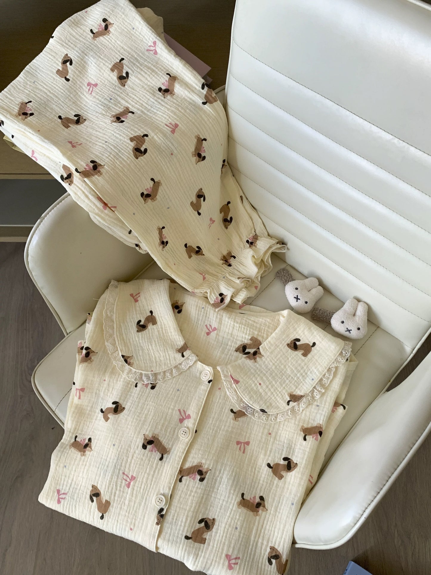 Dachshund & Bow Print Gauze Pajama Set – Lace Peter Pan Collar Long Sleeve Top & Pants