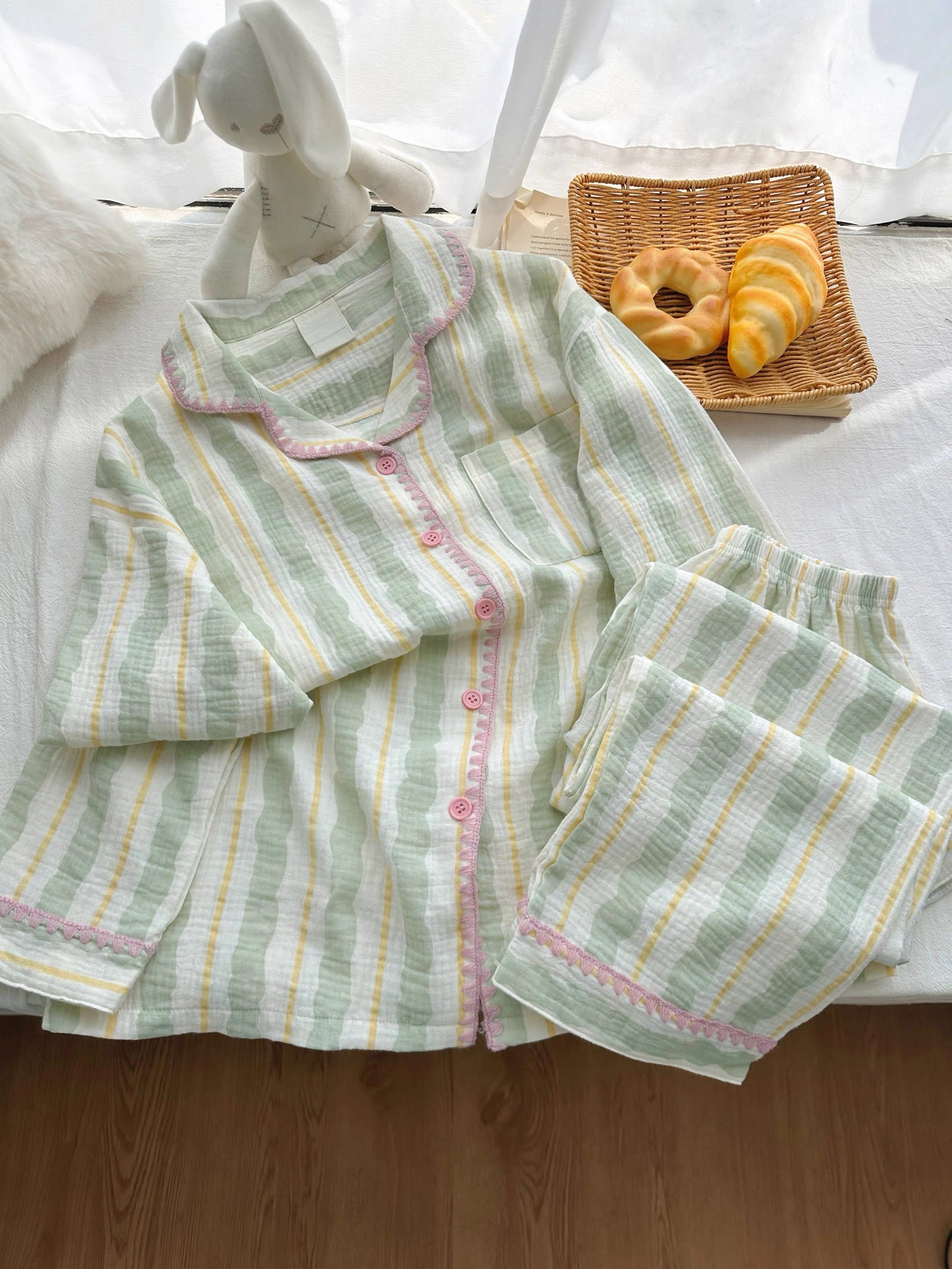 Sage Green Stripe Gauze Pajama Set – Long Sleeve Button Top & Shorts with Pink Trim