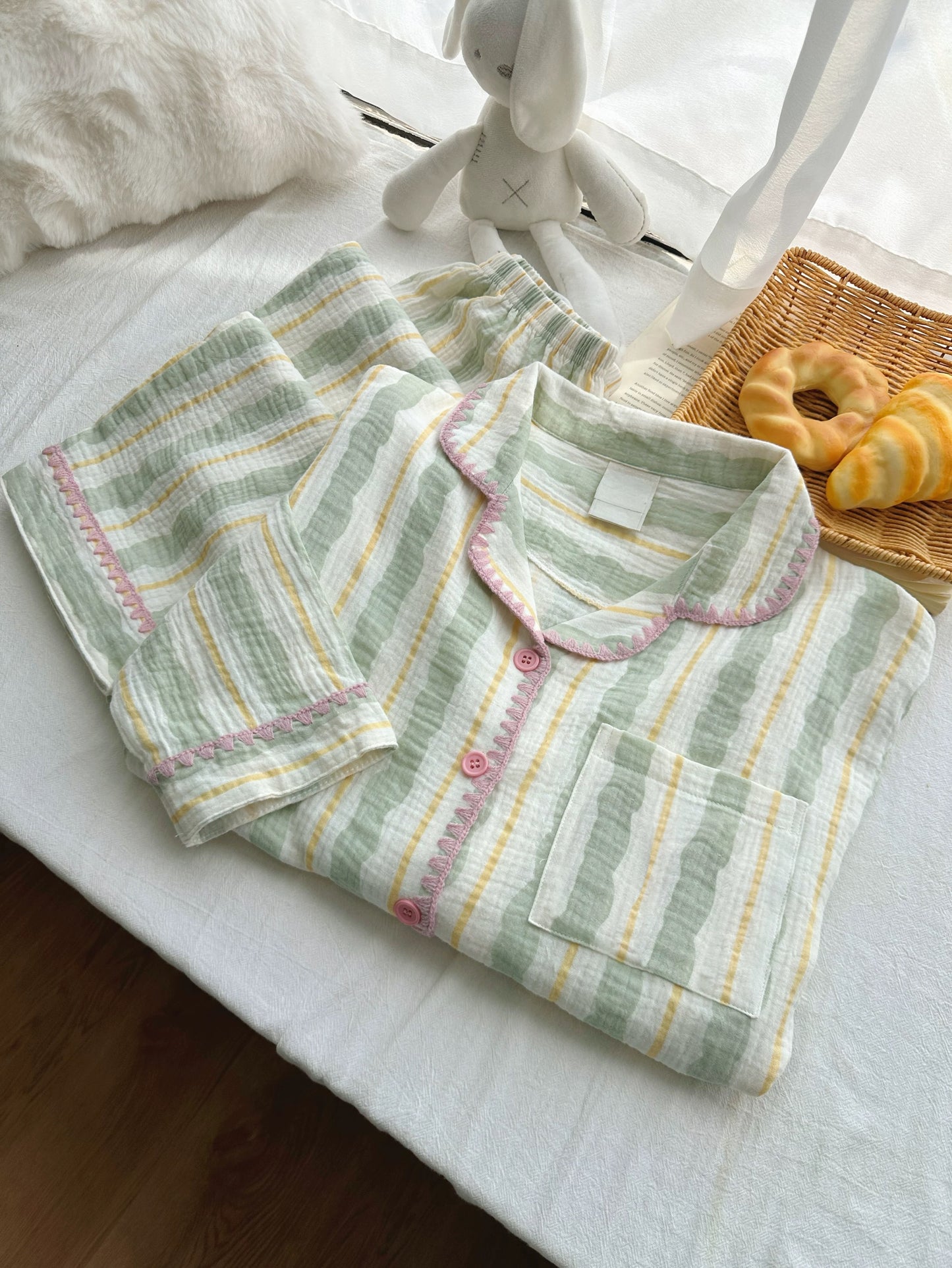 Sage Green Stripe Gauze Pajama Set – Long Sleeve Button Top & Shorts with Pink Trim