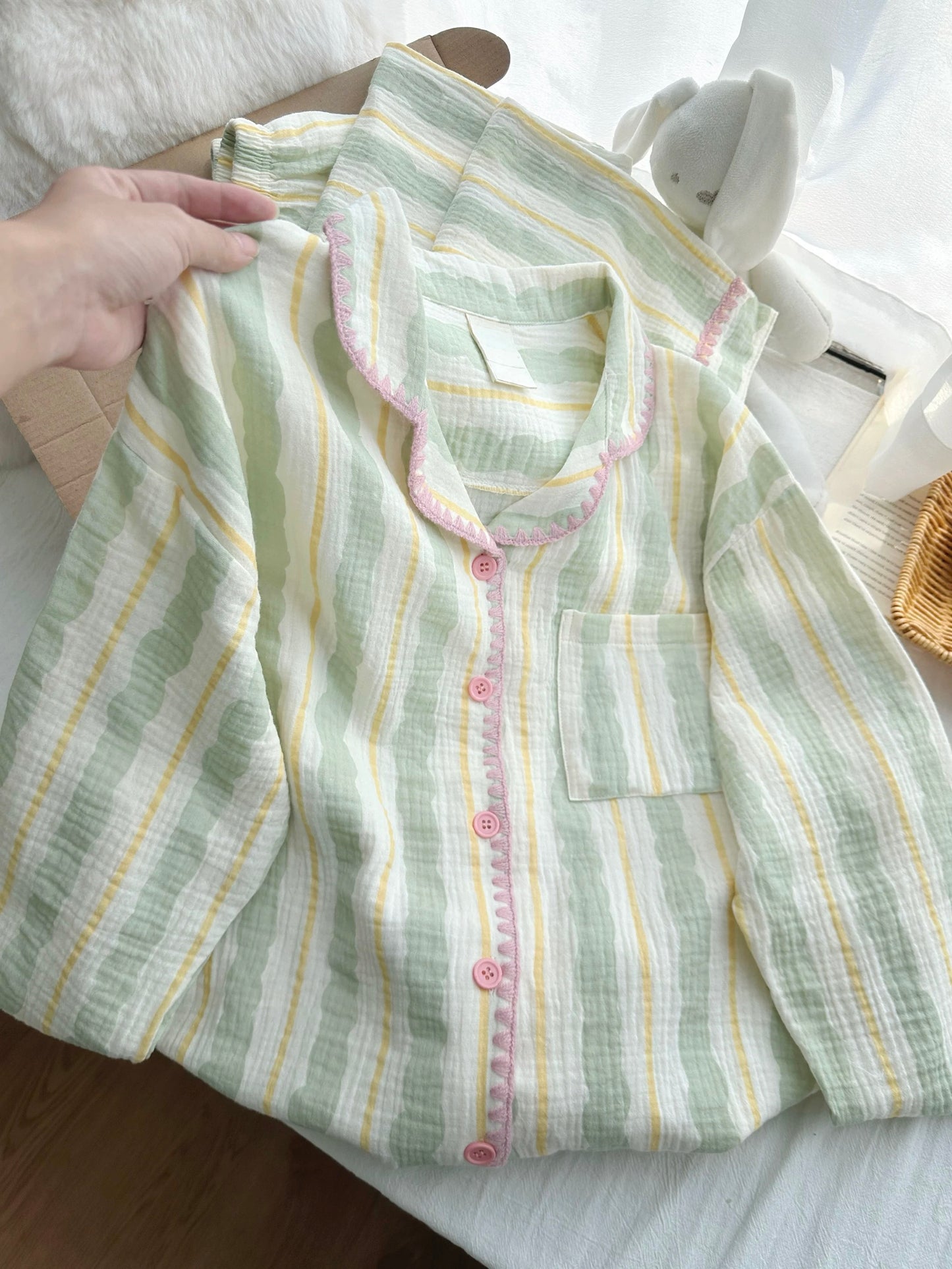 Sage Green Stripe Gauze Pajama Set – Long Sleeve Button Top & Shorts with Pink Trim